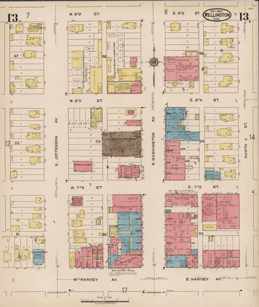 Sanborn Fire Insurance Map from Wellington, Sumner County, Kansas (1922), Sheet #0013 - Historic Sanborn Fire Insurance Map Print, vintage old map wall art, antique decor, genealogy gift, Kansas Kansas map
