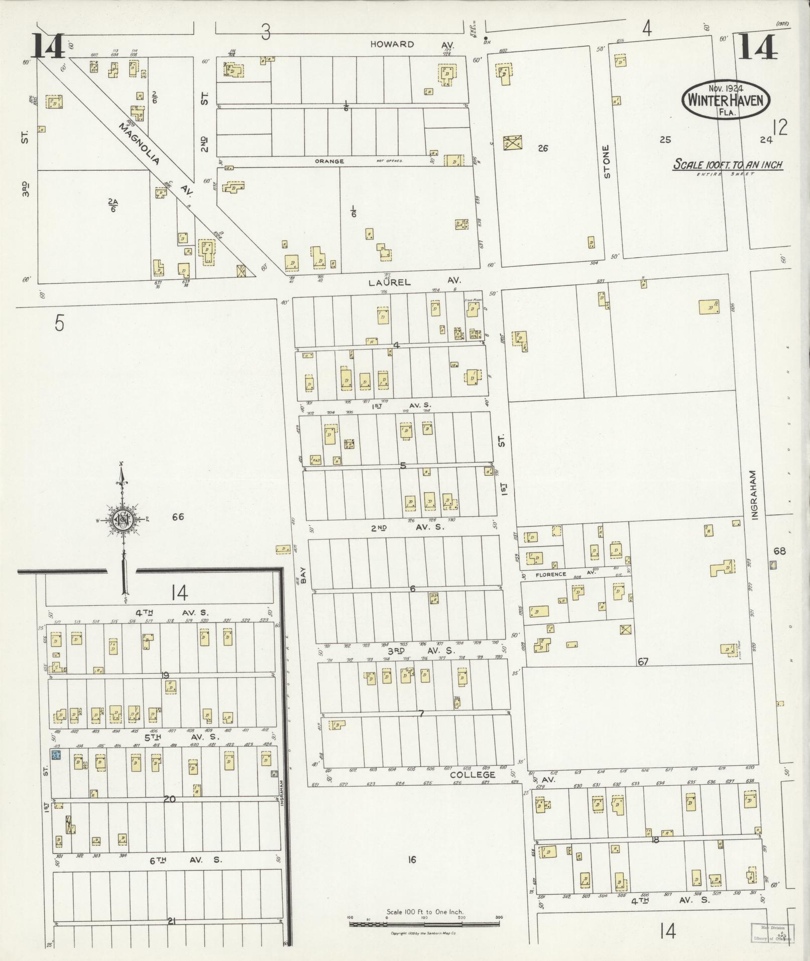 Sanborn Fire Insurance Map from Winter Haven, Polk County, Florida (1924), Sheet #0014 - Historic Sanborn Fire Insurance Map Print, vintage old map wall art, antique decor, genealogy gift, Florida Florida map