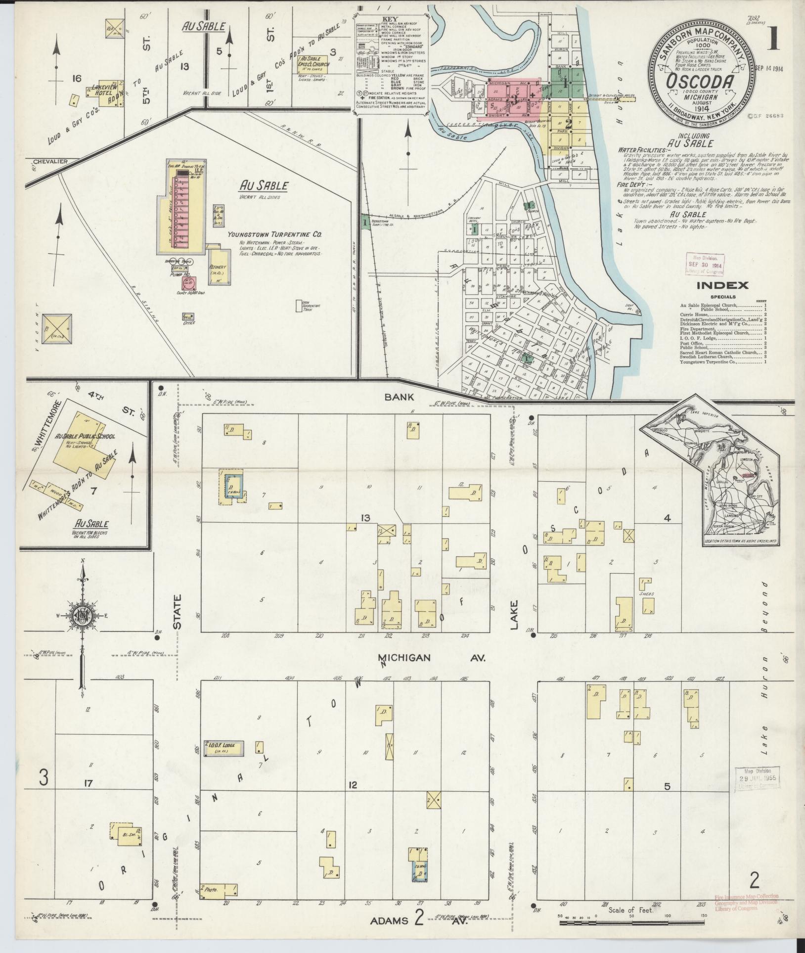 Sanborn Fire Insurance Map from Oscoda, Iosco County, Michigan (1914), Sheet #0001 - Complete Map Set gallery image, historic Sanborn map, vintage wall art, Michigan Michigan