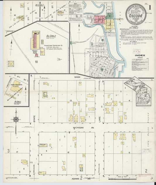 Sanborn Fire Insurance Map from Oscoda, Iosco County, Michigan (1914), Sheet #0001 - Complete Map Set gallery image, historic Sanborn map, vintage wall art, Michigan Michigan