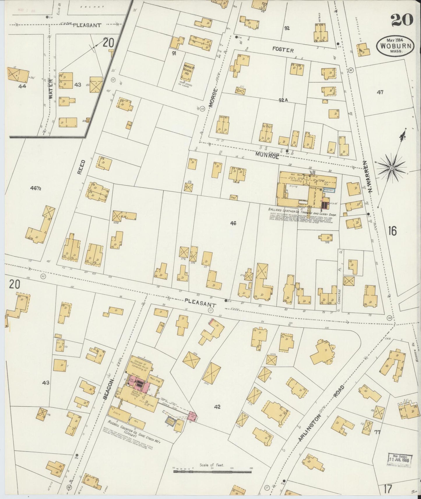 Sanborn Fire Insurance Map from Woburn, Middlesex County, Massachusetts (1904), Sheet #0020 - Historic Sanborn Fire Insurance Map Print, vintage old map wall art, antique decor, genealogy gift, Massachusetts Massachusetts map