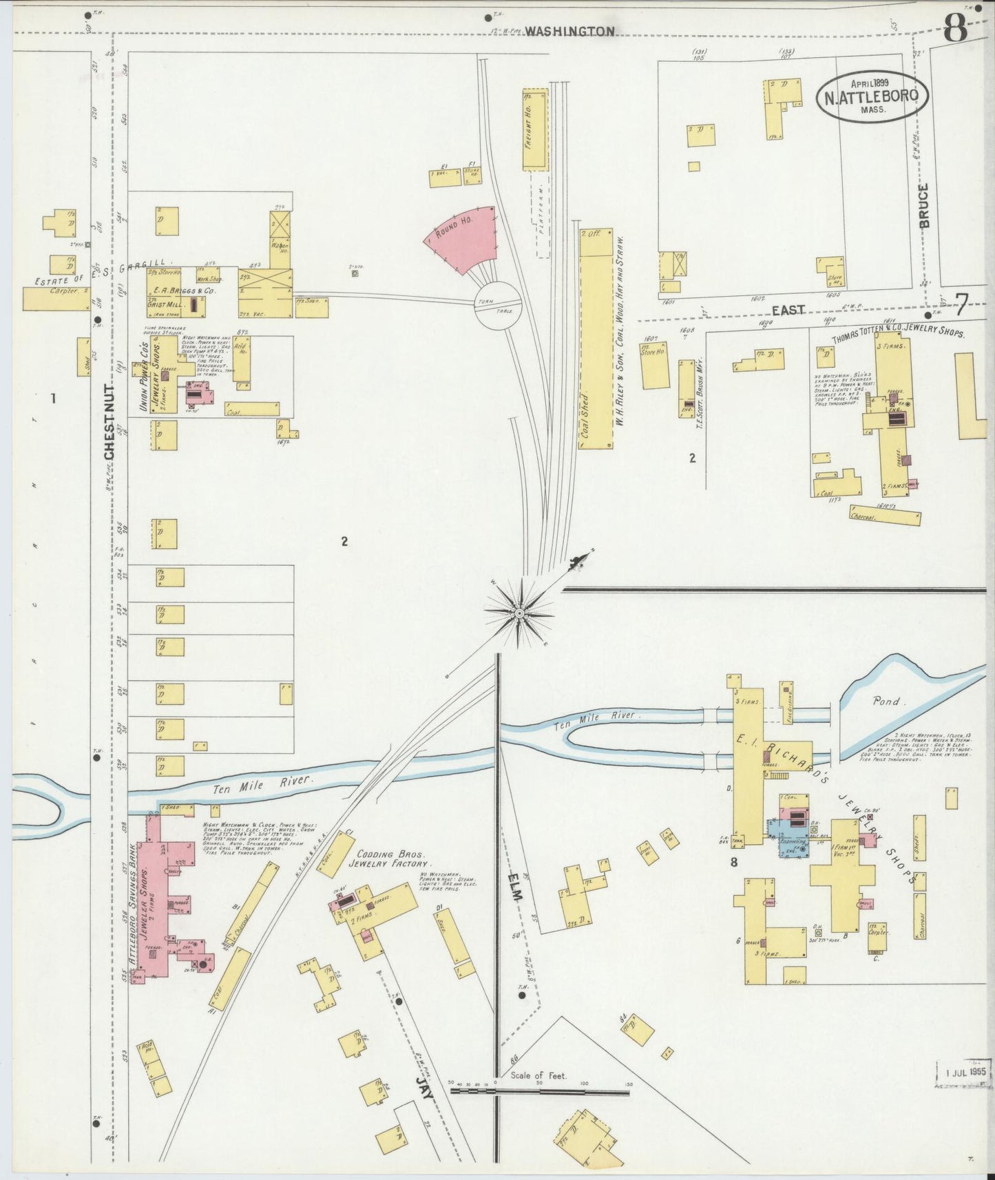Sanborn Fire Insurance Map from North Attleborough, Bristol County, Massachusetts (1899), Sheet #0008 - Complete Map Set gallery image, historic Sanborn map, vintage wall art, Massachusetts Massachusetts