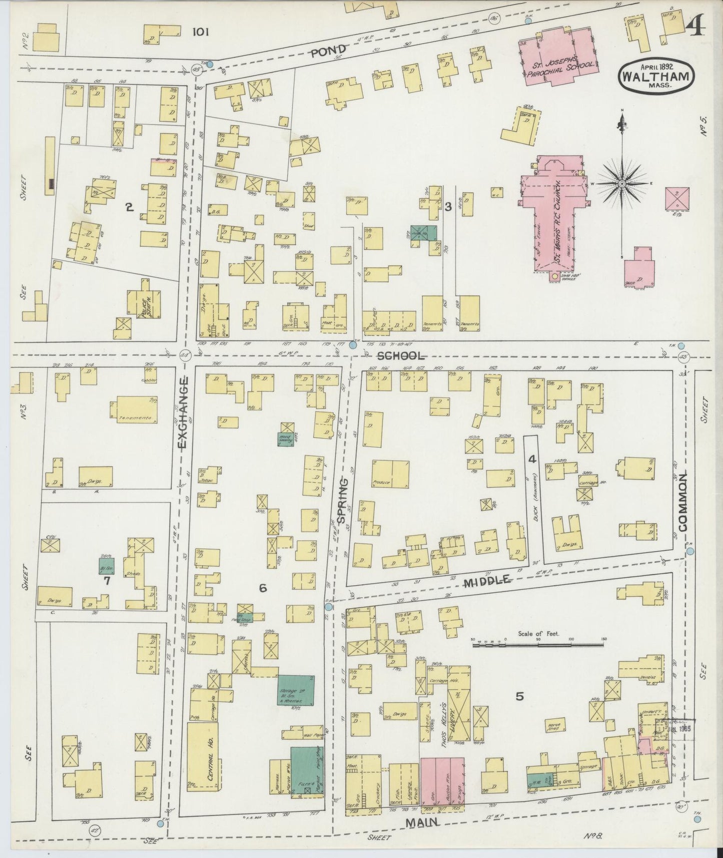 Sanborn Fire Insurance Map from Waltham, Middlesex County, Massachusetts (1892), Sheet #0004 - Complete Map Set gallery image, historic Sanborn map, vintage wall art, Massachusetts Massachusetts