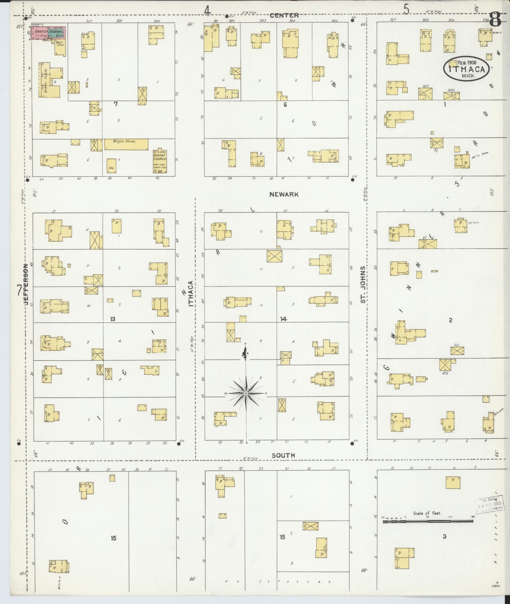 Sanborn Fire Insurance Map from Ithaca, Gratiot County, Michigan (1906), Sheet #0008 - Complete Map Set gallery image, historic Sanborn map, vintage wall art, Michigan Michigan