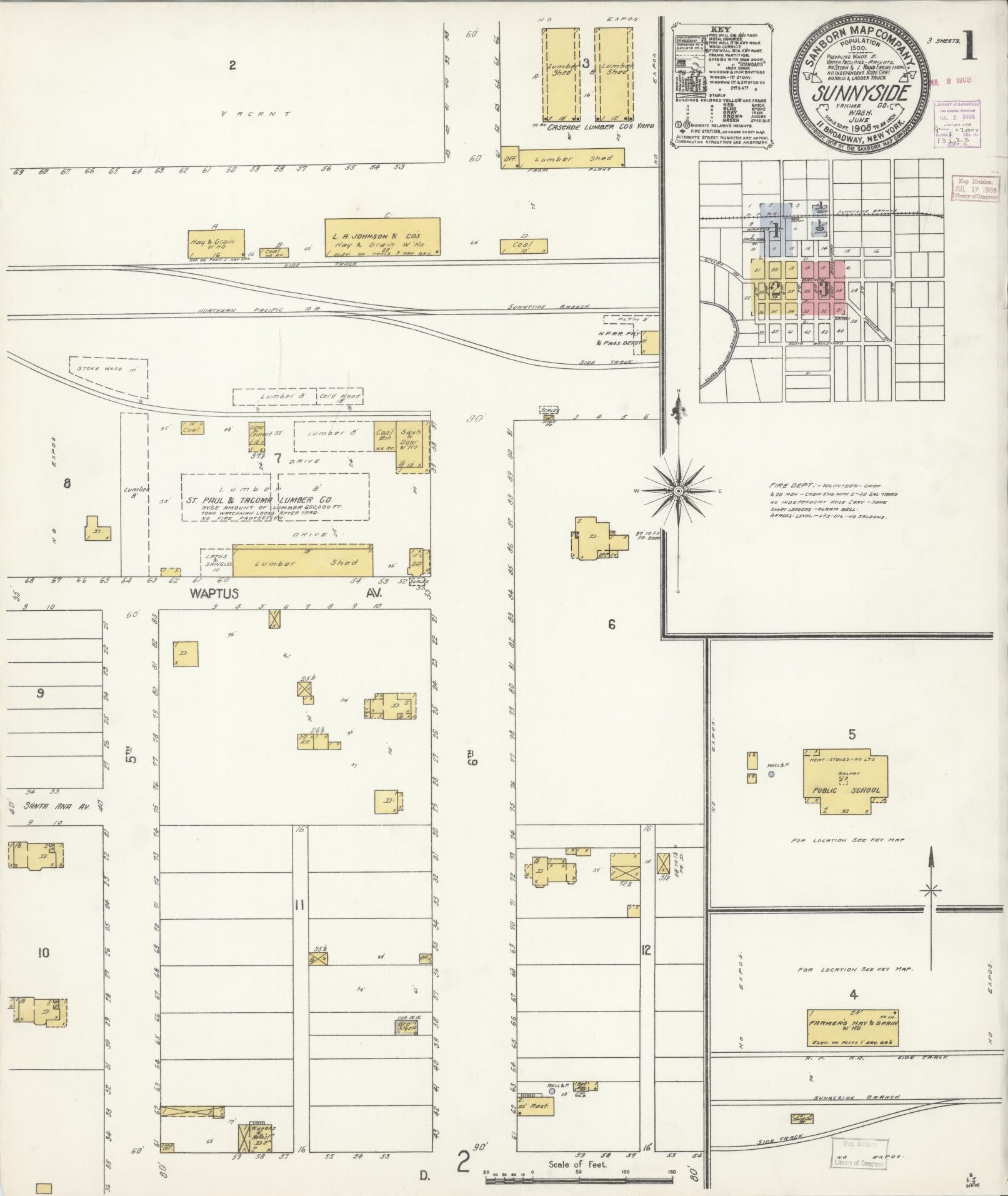 Sanborn Fire Insurance Map from Sunnyside, Yakima County, Washington (1908), Sheet #0001 - Complete Map Set gallery image, historic Sanborn map, vintage wall art, Washington Washington