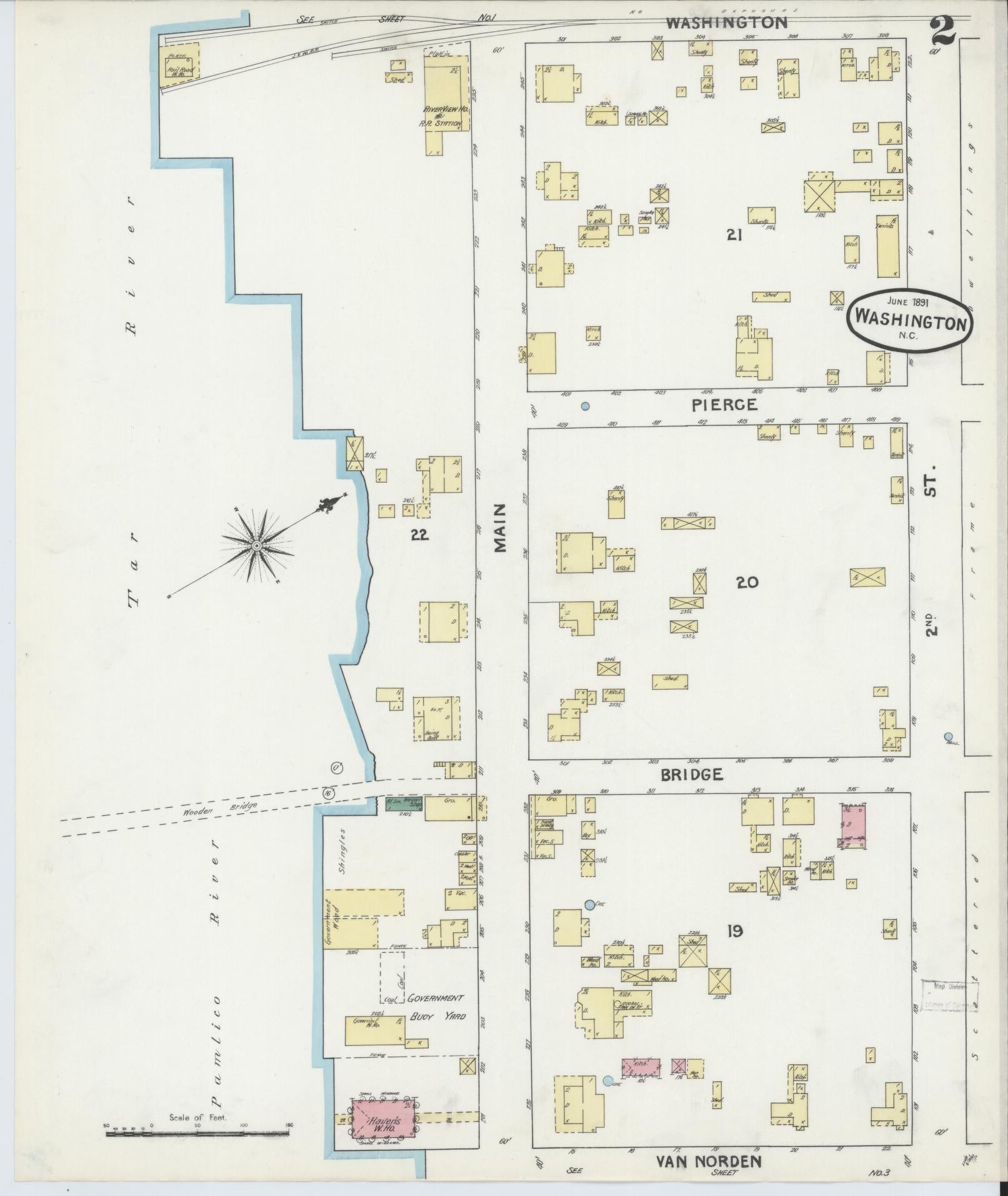 Sanborn Fire Insurance Map from Washington, Beaufort County, North Carolina (1891), Sheet #0002 - Historic Sanborn Fire Insurance Map Print, vintage old map wall art, antique decor, genealogy gift, North Carolina North Carolina map
