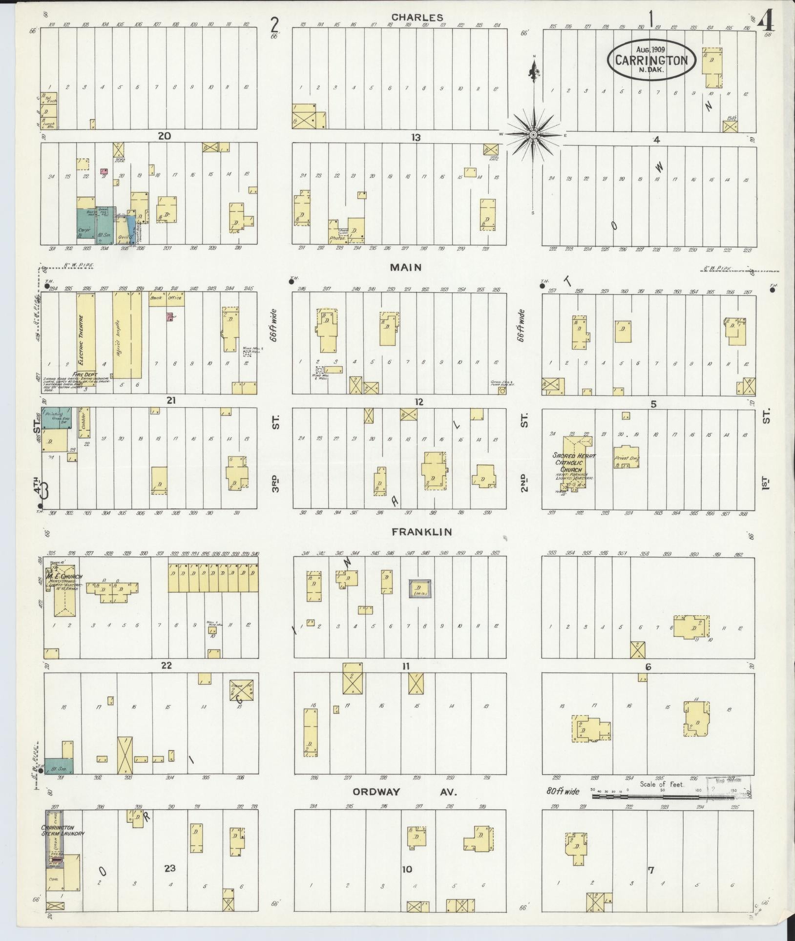 Sanborn Fire Insurance Map from Carrington, Foster County, North Dakota (1909), Sheet #0004 - Complete Map Set gallery image, historic Sanborn map, vintage wall art, North Dakota North Dakota