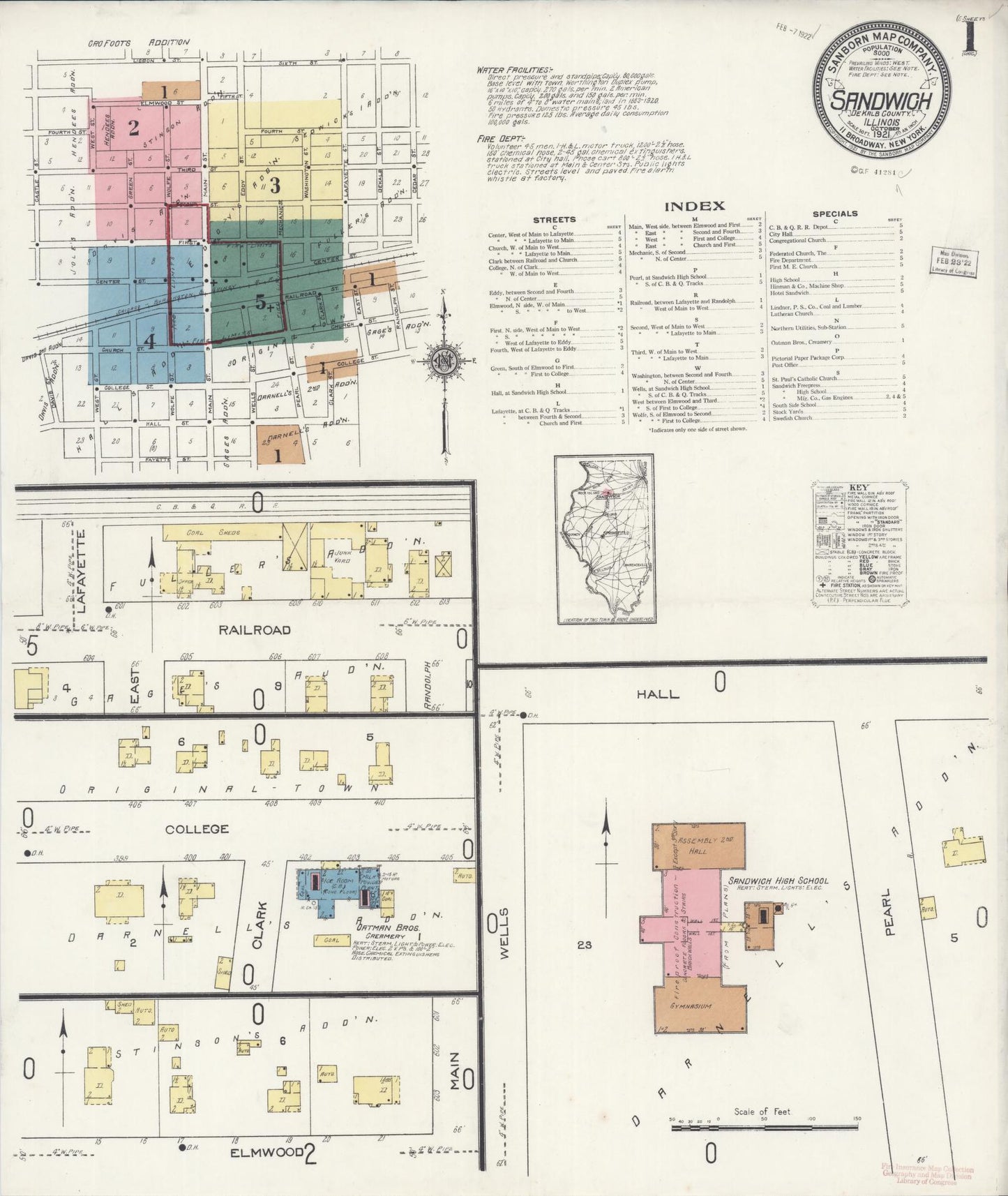 Sanborn Fire Insurance Map from Sandwich, De Kalb County, Illinois (1921), Sheet #0001 - Complete Map Set gallery image, historic Sanborn map, vintage wall art, Illinois Illinois