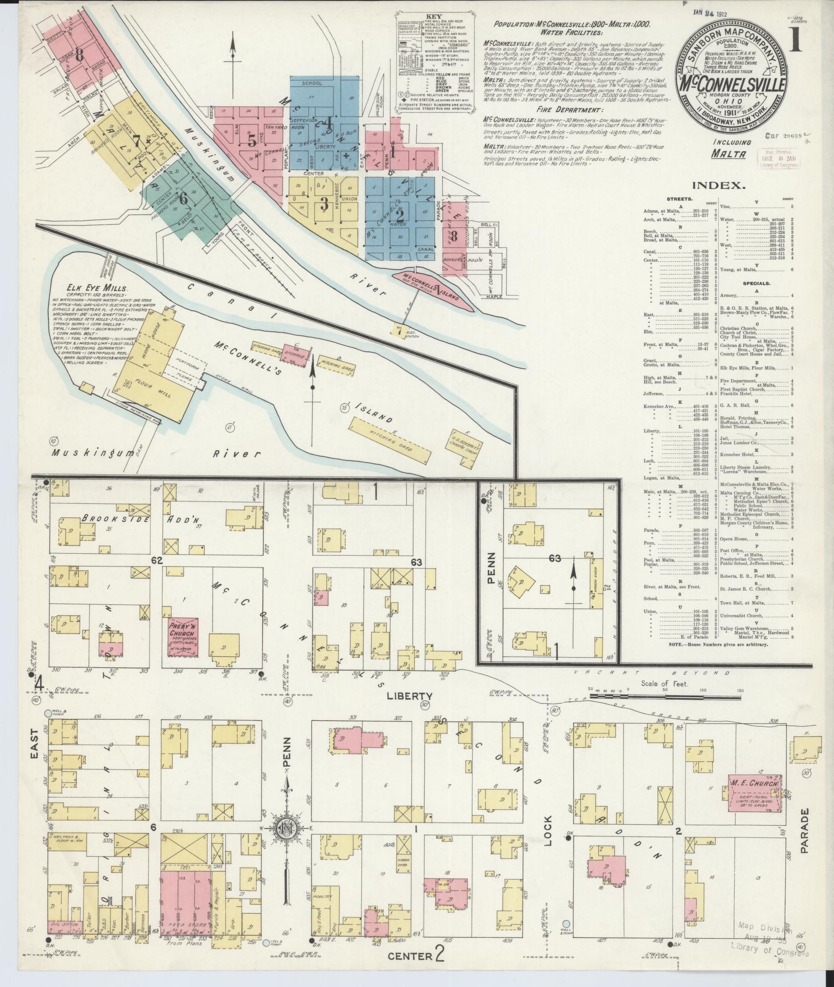 Sanborn Fire Insurance Map from McConnelsville, Morgan County, Ohio (1911), Sheet #0001 - Historic Sanborn Fire Insurance Map Print, vintage old map wall art, antique decor, genealogy gift, Ohio Ohio map