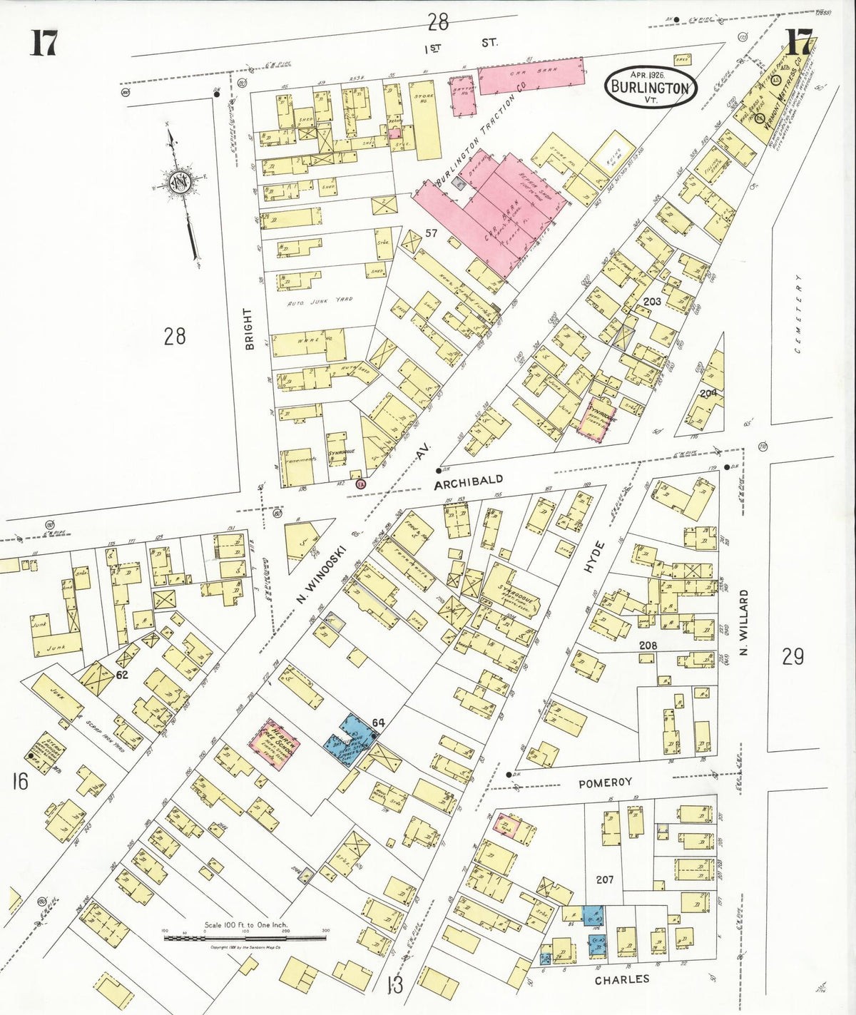 Sanborn Fire Insurance Map from Burlington, Chittenden County, Vermont (1926), Sheet #0017 - Historic Sanborn Fire Insurance Map Print, vintage old map wall art, antique decor, genealogy gift, Vermont Vermont map