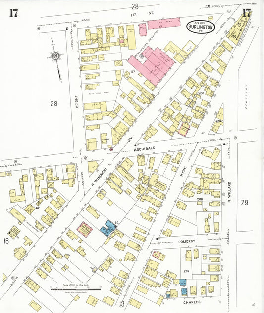 Sanborn Fire Insurance Map from Burlington, Chittenden County, Vermont (1926), Sheet #0017 - Historic Sanborn Fire Insurance Map Print, vintage old map wall art, antique decor, genealogy gift, Vermont Vermont map