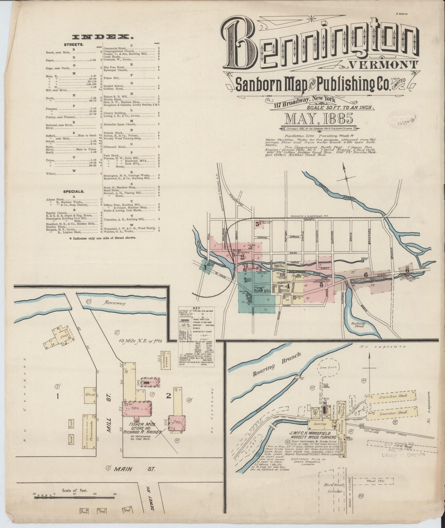 Sanborn Fire Insurance Map from Bennington, Bennington County, Vermont (1885), Sheet #0001 - Complete Map Set gallery image, historic Sanborn map, vintage wall art, Vermont Vermont