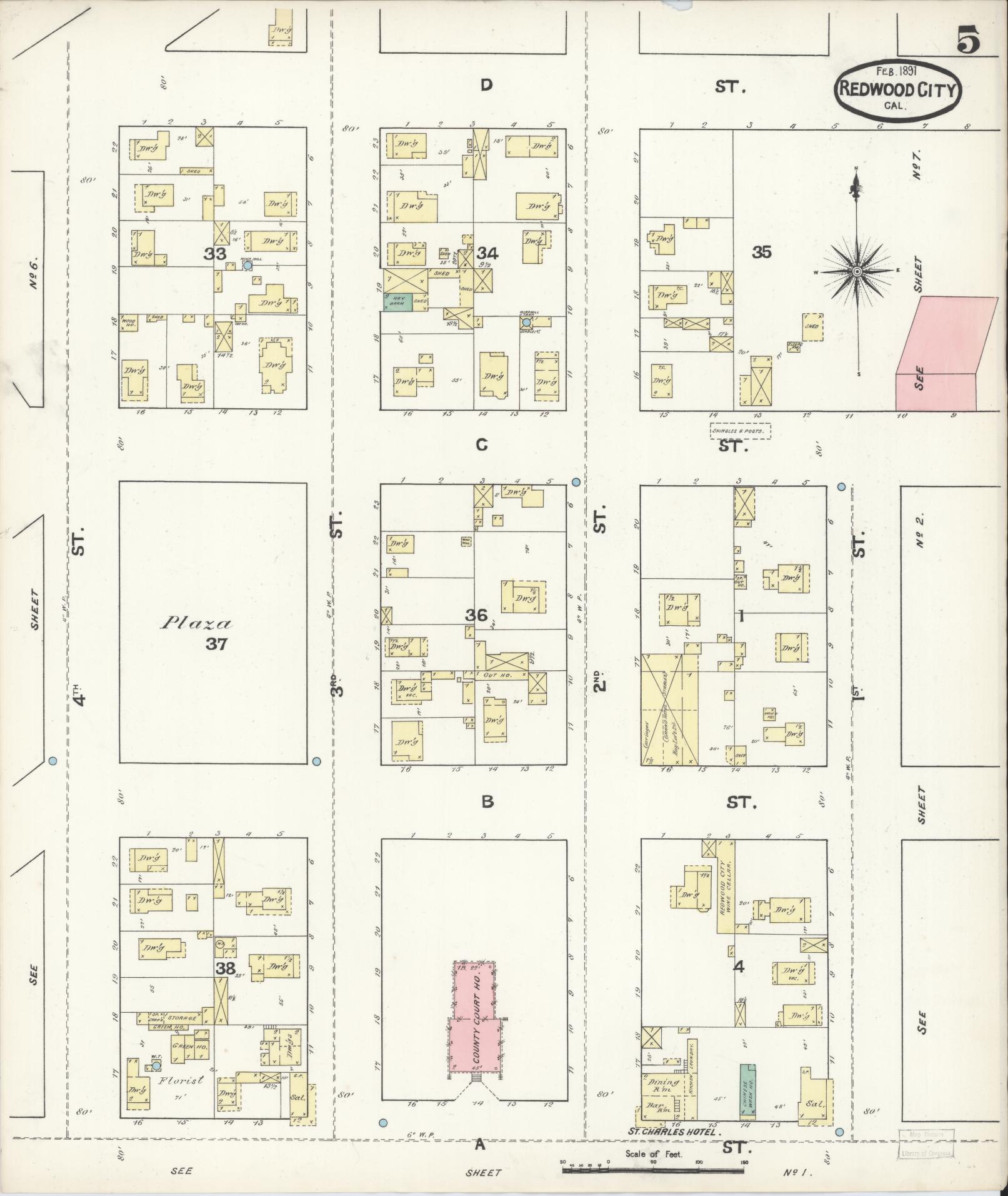 Sanborn Fire Insurance Map from Redwood City, San Mateo County, California (1891), Sheet #0005 - Complete Map Set gallery image, historic Sanborn map, vintage wall art, California California