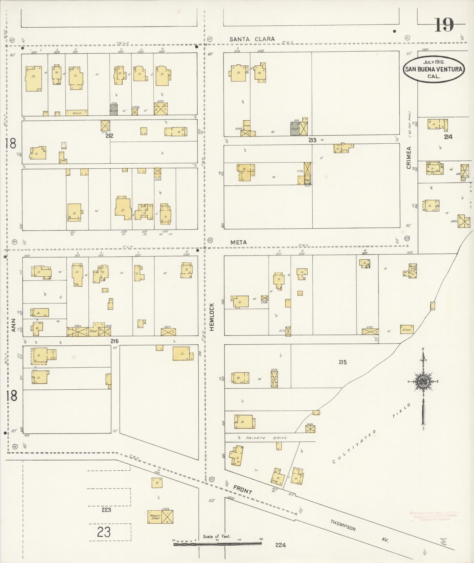 Sanborn Fire Insurance Map from San Buenaventura, Ventura County, California (1910), Sheet #0019 - Complete Map Set gallery image, historic Sanborn map, vintage wall art, California California