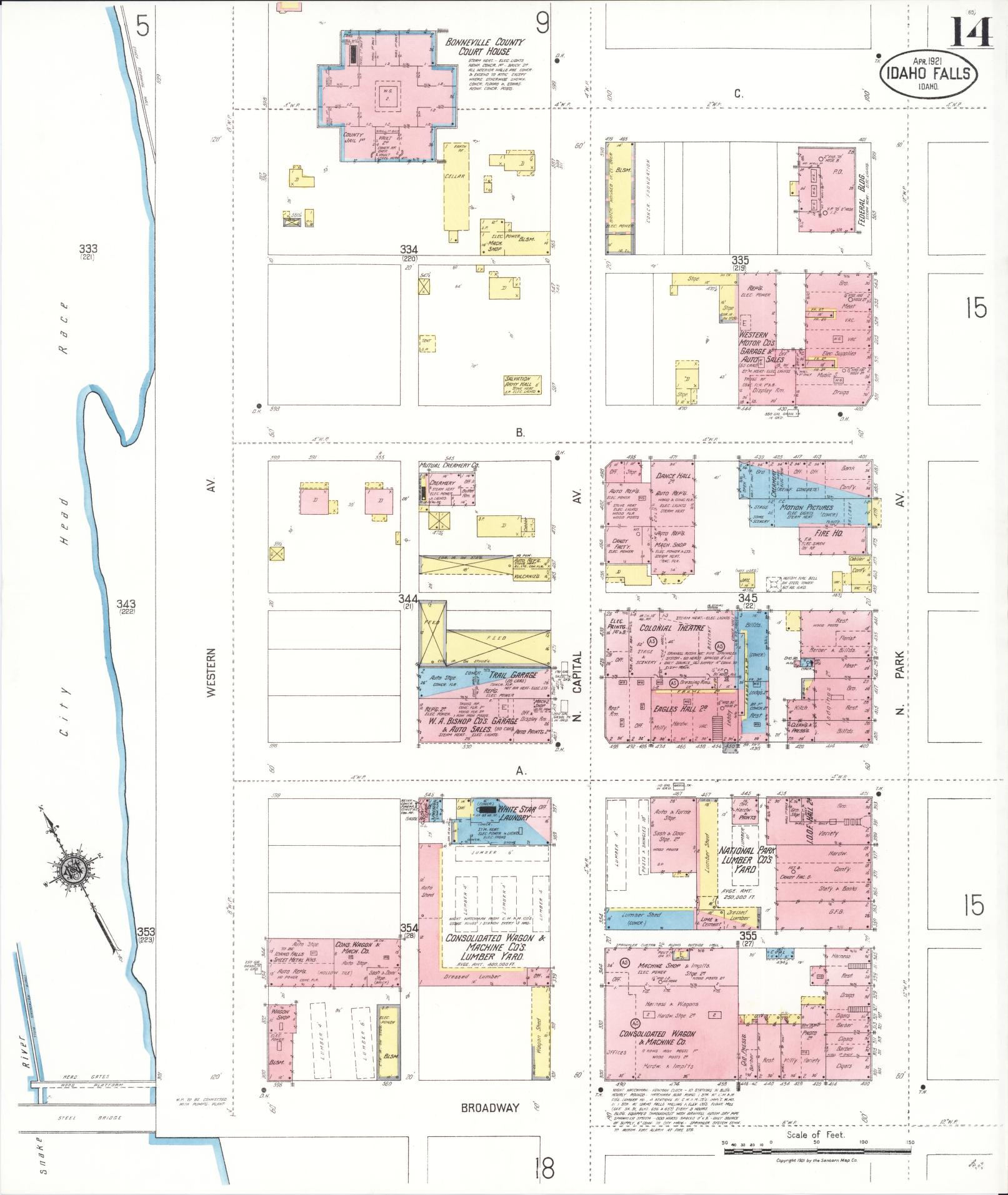 Sanborn Fire Insurance Map from Idaho Falls, Bonneville County, Idaho (1921), Sheet #0014 - Complete Map Set gallery image, historic Sanborn map, vintage wall art, Idaho Idaho