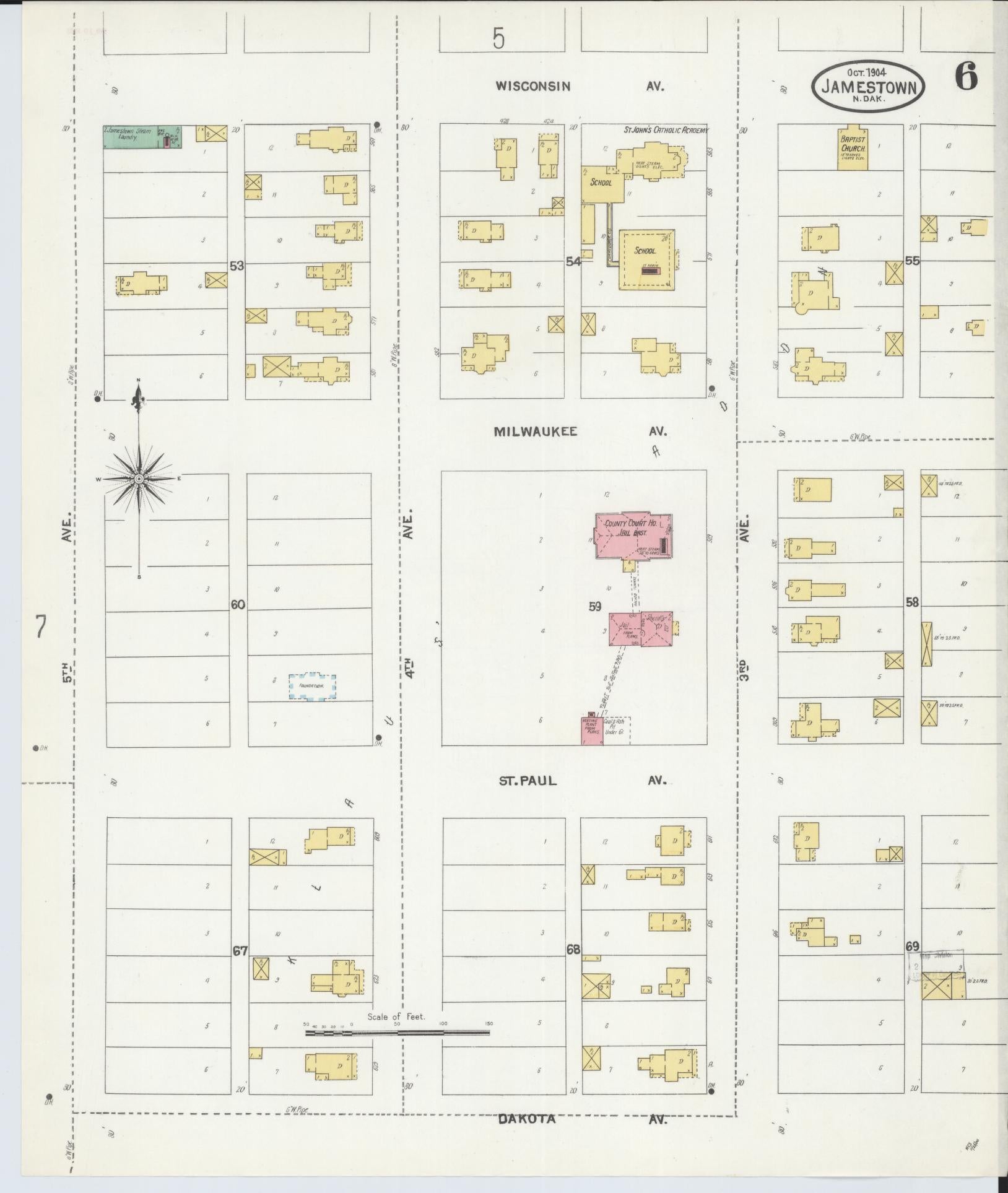 Sanborn Fire Insurance Map from Jamestown, Stutsman County, North Dakota (1904), Sheet #0006 - Historic Sanborn Fire Insurance Map Print, vintage old map wall art, antique decor, genealogy gift, North Dakota North Dakota map