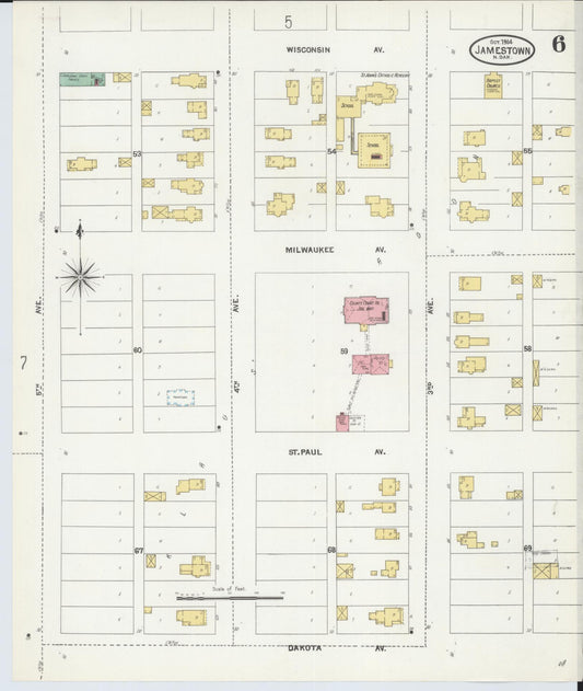 Sanborn Fire Insurance Map from Jamestown, Stutsman County, North Dakota (1904), Sheet #0006 - Historic Sanborn Fire Insurance Map Print, vintage old map wall art, antique decor, genealogy gift, North Dakota North Dakota map