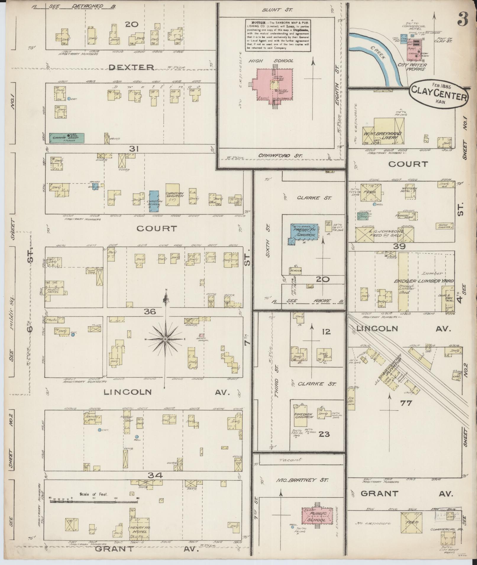 Sanborn Fire Insurance Map from Clay Center, Clay County, Kansas (1885), Sheet #0003 - Historic Sanborn Fire Insurance Map Print, vintage old map wall art, antique decor, genealogy gift, Kansas Kansas map