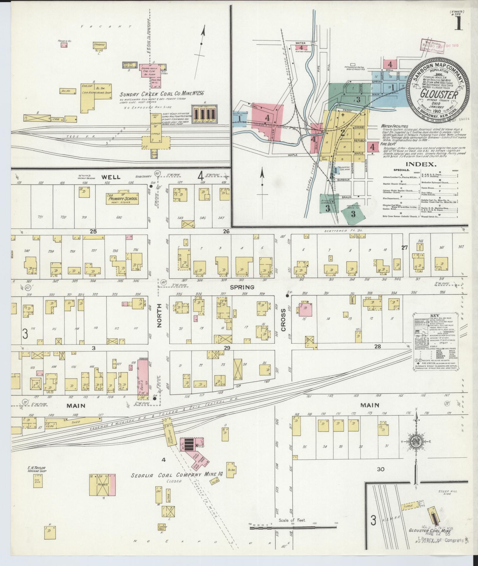 Sanborn Fire Insurance Map from Glouster, Athens County, Ohio (1910), Sheet #0001 - Historic Sanborn Fire Insurance Map Print, vintage old map wall art, antique decor, genealogy gift, Ohio Ohio map