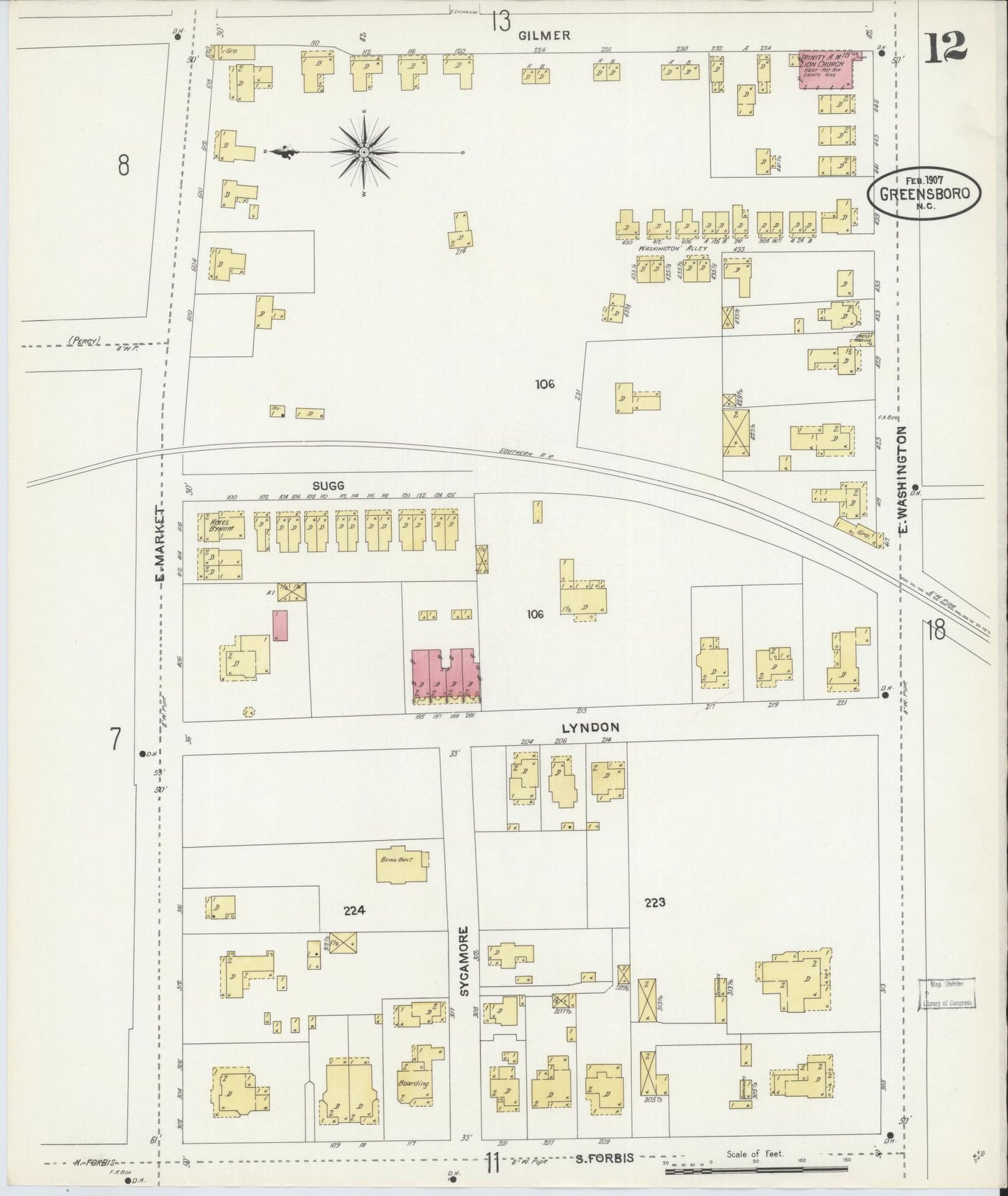 Sanborn Fire Insurance Map from Greensboro, Guilford County, North Carolina (1907), Sheet #0012 - Historic Sanborn Fire Insurance Map Print, vintage old map wall art, antique decor, genealogy gift, North Carolina North Carolina map