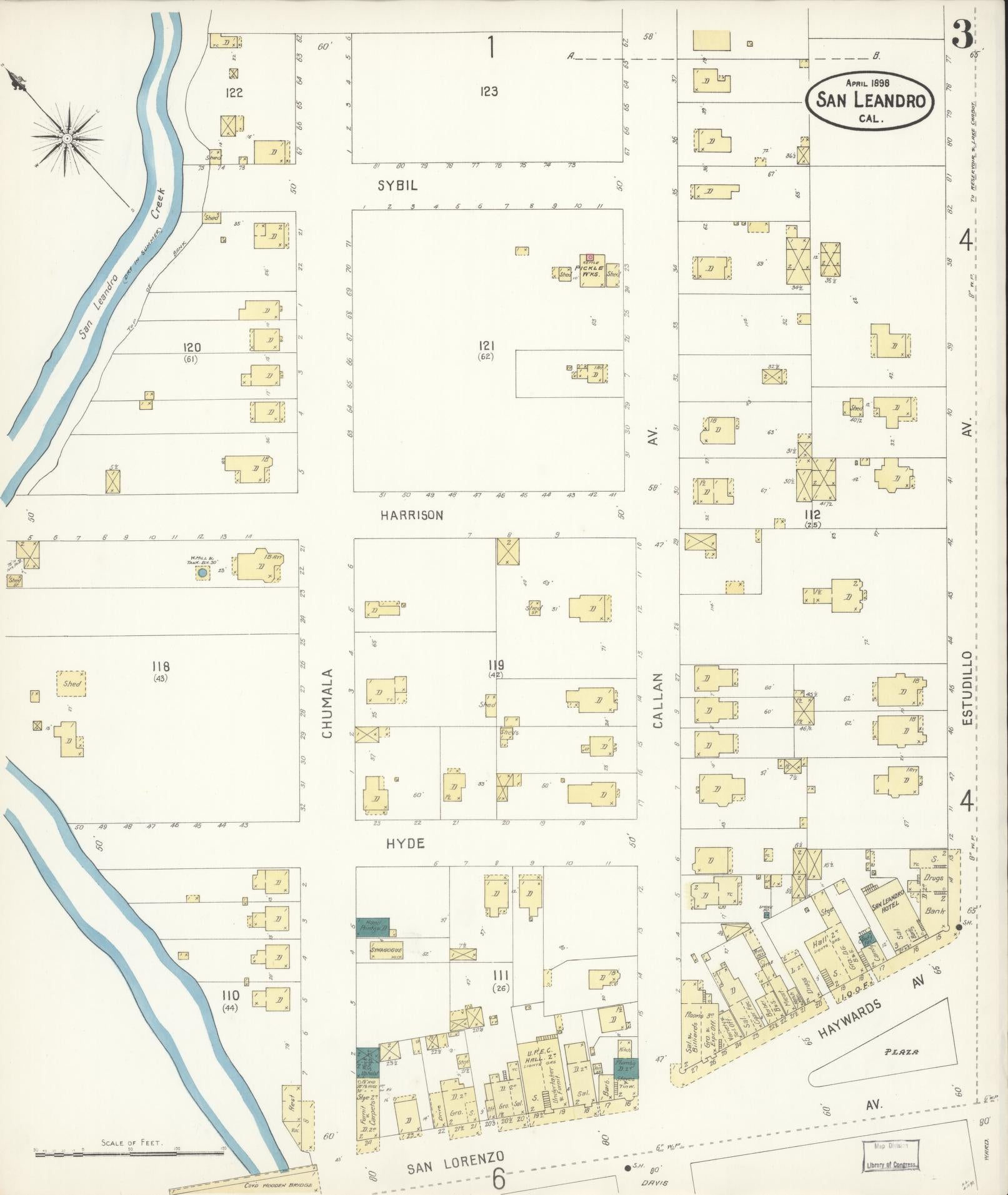 Sanborn Fire Insurance Map from San Leandro, Alameda County, California (1898), Sheet #0003 - Complete Map Set gallery image, historic Sanborn map, vintage wall art, California California
