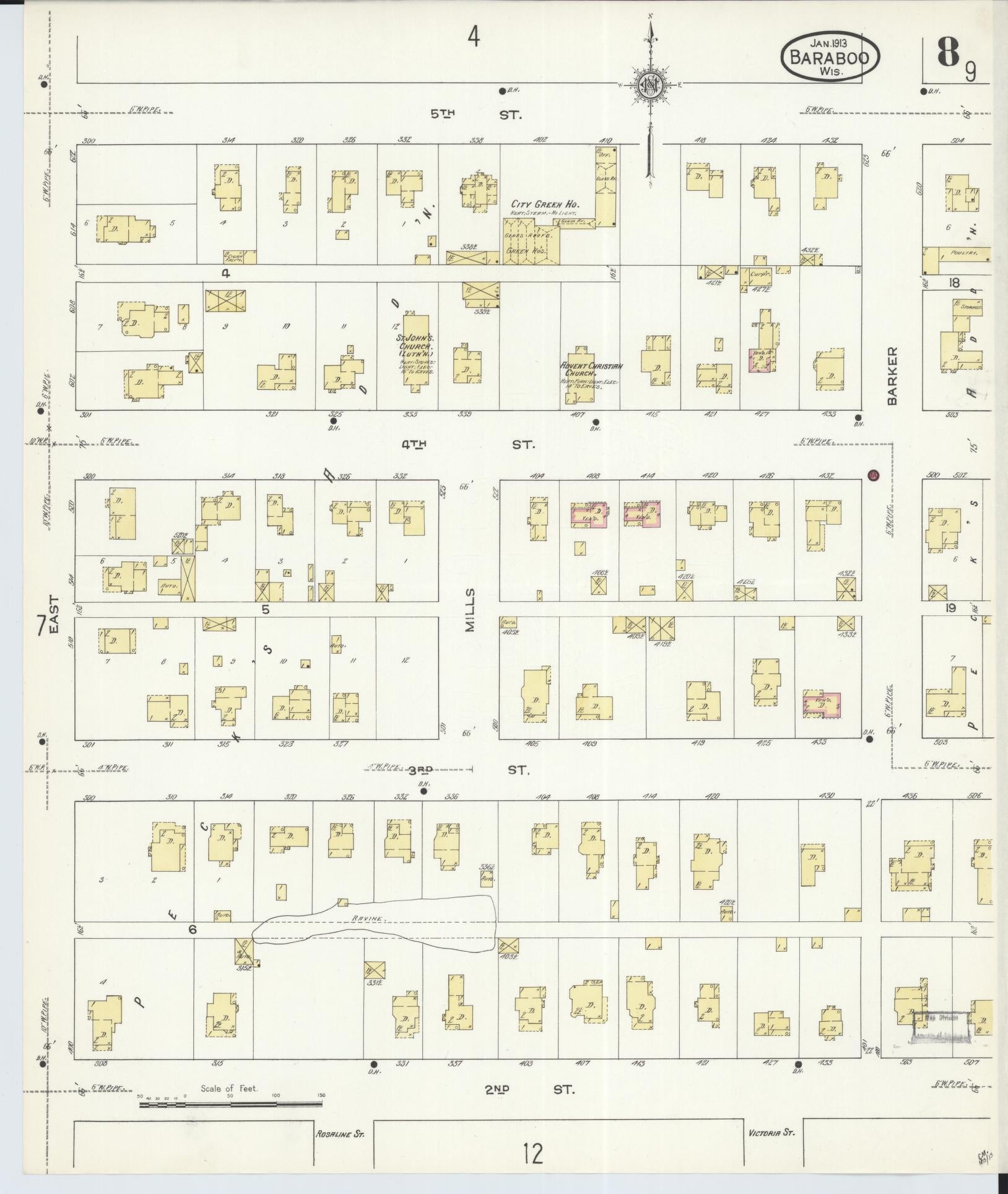 Sanborn Fire Insurance Map from Baraboo, Sauk County, Wisconsin (1913), Sheet #0008 - Historic Sanborn Fire Insurance Map Print, vintage old map wall art, antique decor, genealogy gift, Wisconsin Wisconsin map