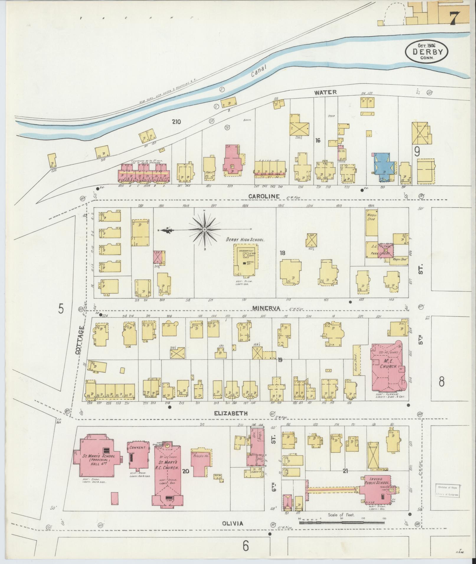 Sanborn Fire Insurance Map from Derby, New Haven County, Connecticut (1906), Sheet #0007 - Historic Sanborn Fire Insurance Map Print, vintage old map wall art, antique decor, genealogy gift, Connecticut Connecticut map