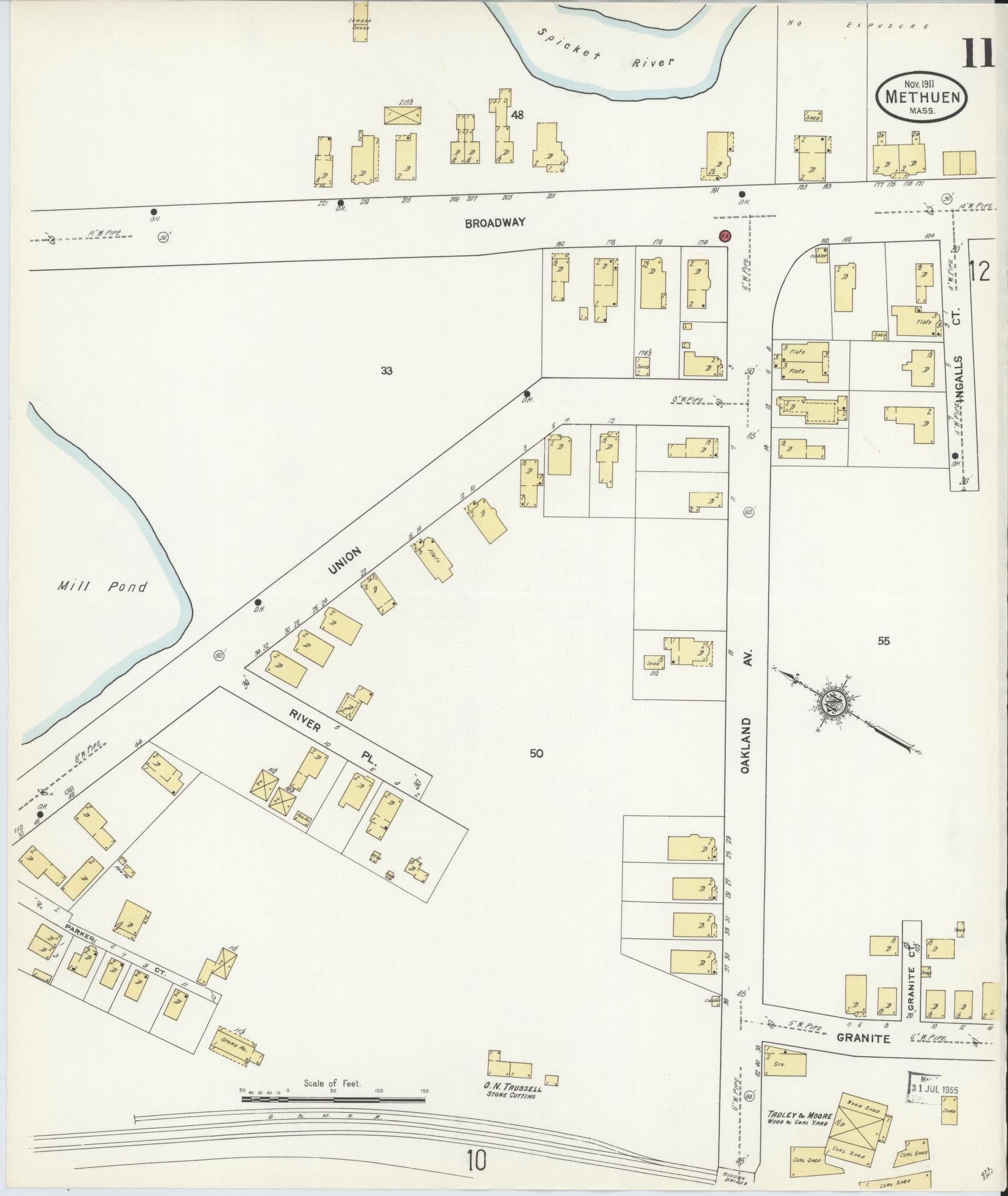 Sanborn Fire Insurance Map from Methuen, Essex County, Massachusetts (1911), Sheet #0011 - Historic Sanborn Fire Insurance Map Print, vintage old map wall art, antique decor, genealogy gift, Massachusetts Massachusetts map
