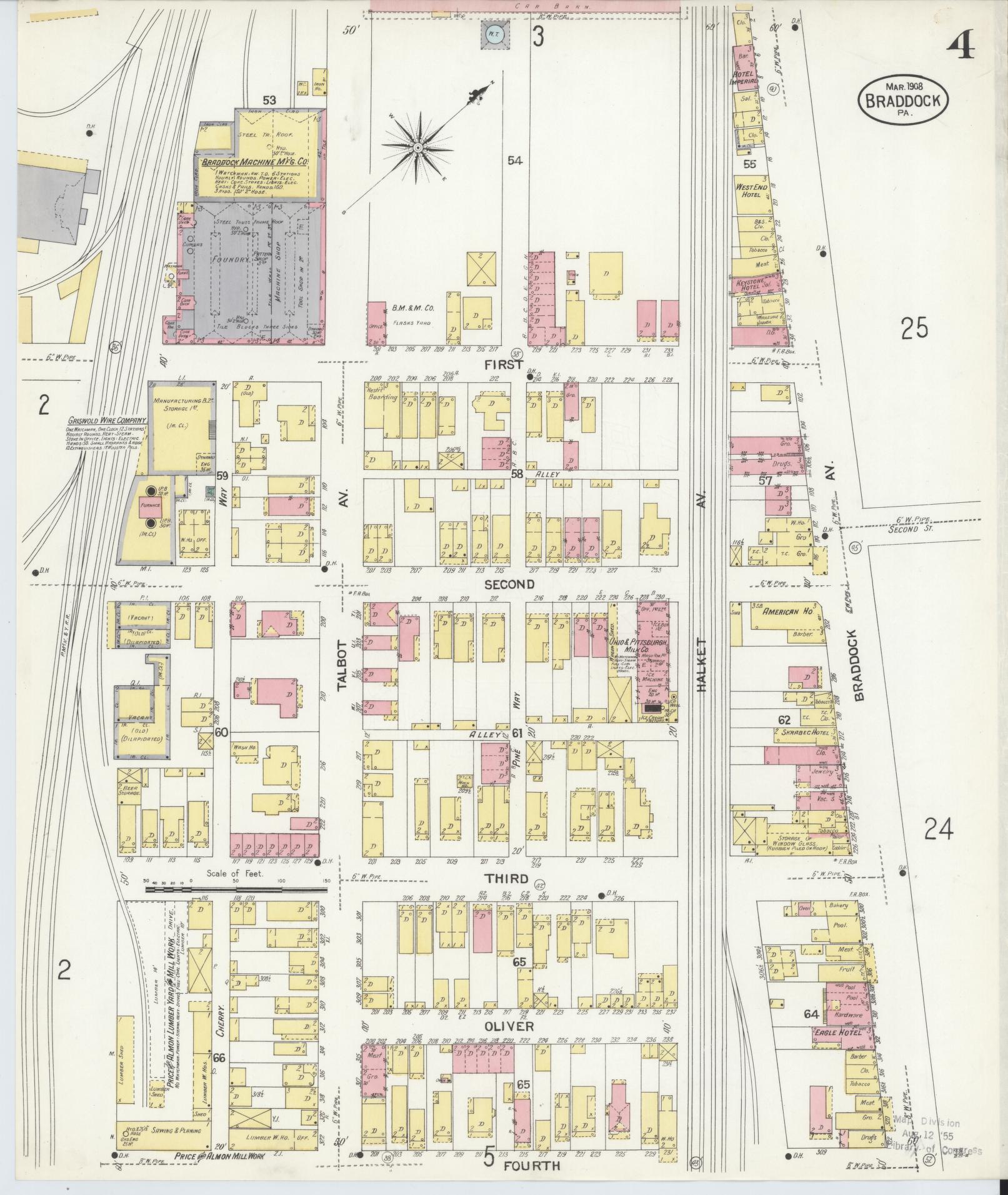 Sanborn Fire Insurance Map from Braddock, Allegheny County, Pennsylvania (1908), Sheet #0004 - Historic Sanborn Fire Insurance Map Print, vintage old map wall art, antique decor, genealogy gift, Pennsylvania Pennsylvania map