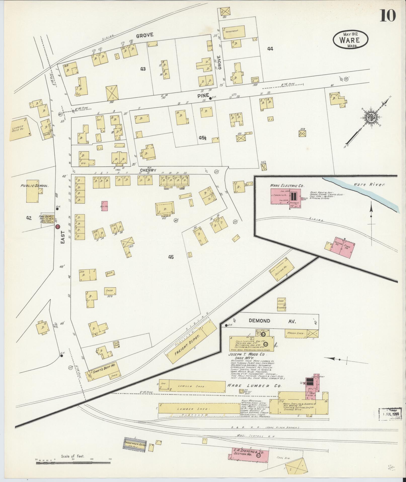 Sanborn Fire Insurance Map from Ware, Hampshire County, Massachusetts (1912), Sheet #0010 - Historic Sanborn Fire Insurance Map Print, vintage old map wall art, antique decor, genealogy gift, Massachusetts Massachusetts map
