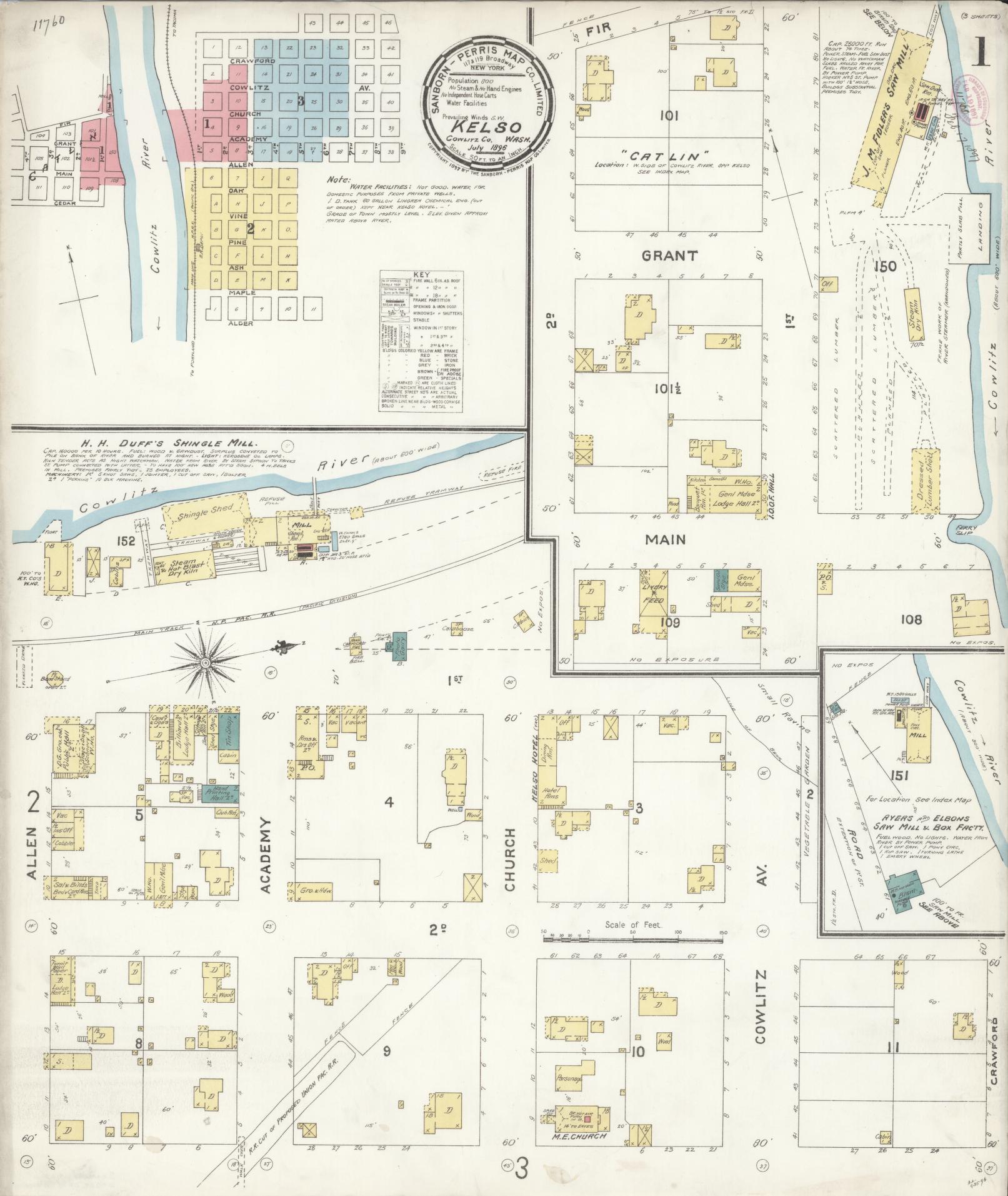 Sanborn Fire Insurance Map from Kelso, Cowlitz County, Washington (1896), Sheet #0001 - Historic Sanborn Fire Insurance Map Print, vintage old map wall art, antique decor, genealogy gift, Washington Washington map