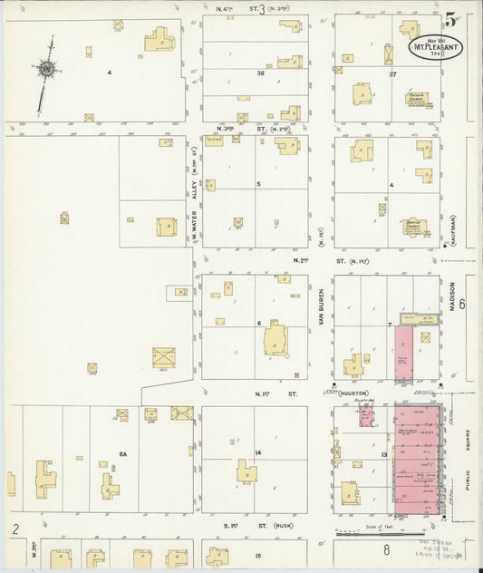 Sanborn Fire Insurance Map from Mount Pleasant, Titus County, Texas (1911), Sheet #0005 - Historic Sanborn Fire Insurance Map Print, vintage old map wall art, antique decor, genealogy gift, Texas Texas map