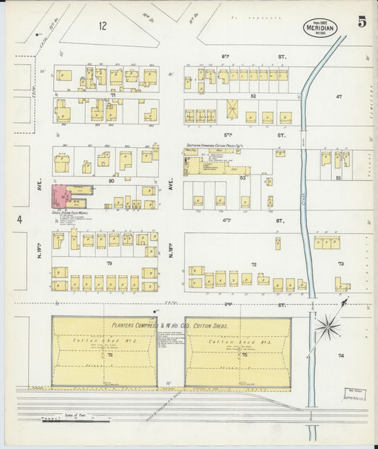 Sanborn Fire Insurance Map from Meridian, Lauderdale County, Mississippi (1902), Sheet #0005 - Historic Sanborn Fire Insurance Map Print, vintage old map wall art, antique decor, genealogy gift, Mississippi Mississippi map