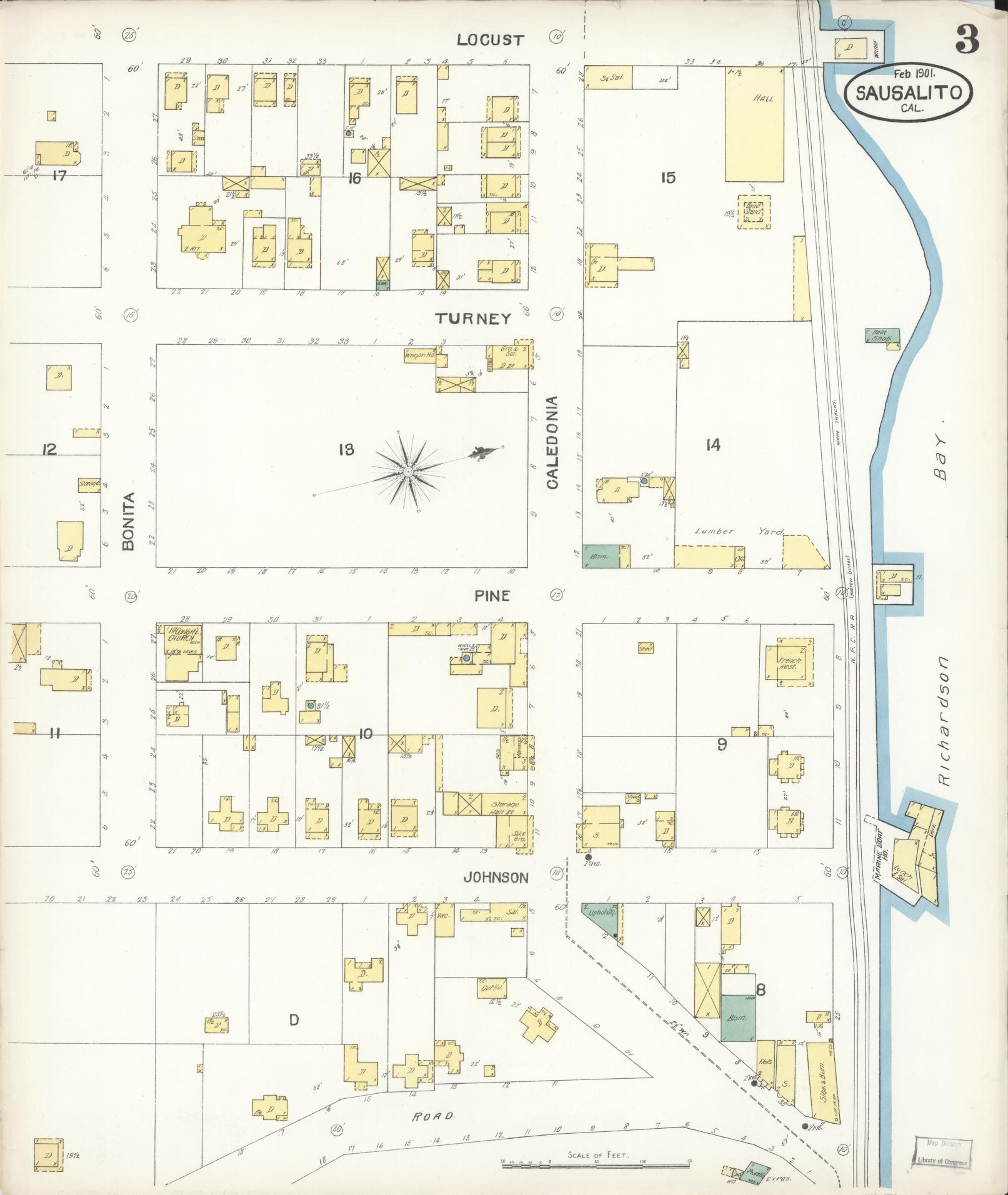 Sanborn Fire Insurance Map from Sausalito, Marin County, California (1901), Sheet #0003 - Complete Map Set gallery image, historic Sanborn map, vintage wall art, California California