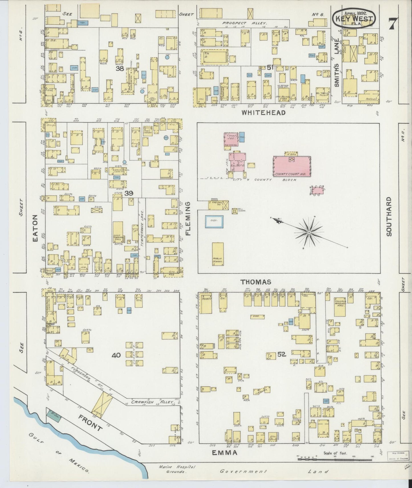 Sanborn Fire Insurance Map from Key West, Monroe County, Florida (1892), Sheet #0007 - Complete Map Set gallery image, historic Sanborn map, vintage wall art, Florida Florida