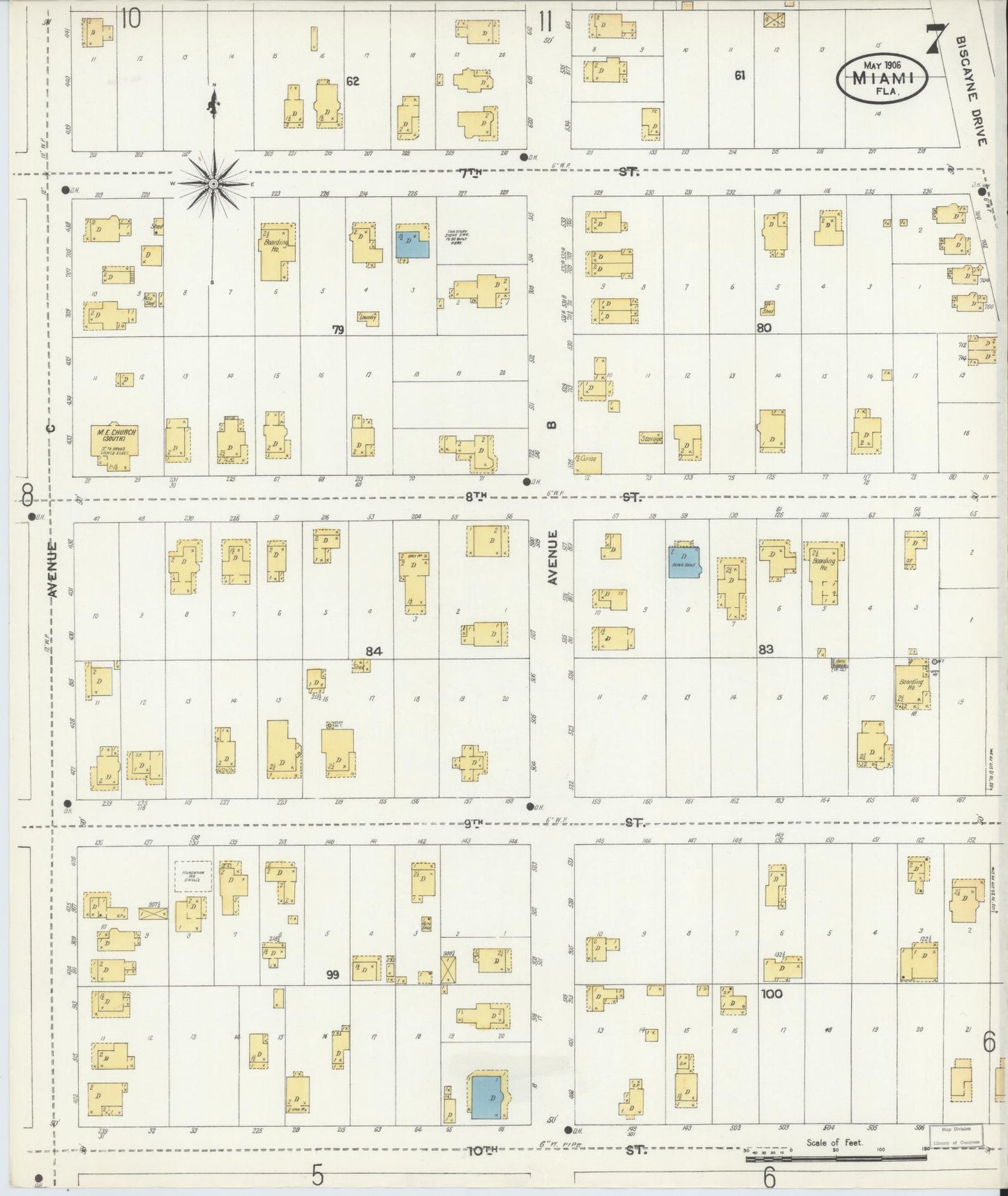 Sanborn Fire Insurance Map from Miami, Dade County, Florida (1906), Sheet #0007 - Historic Sanborn Fire Insurance Map Print, vintage old map wall art, antique decor, genealogy gift, Florida Florida map