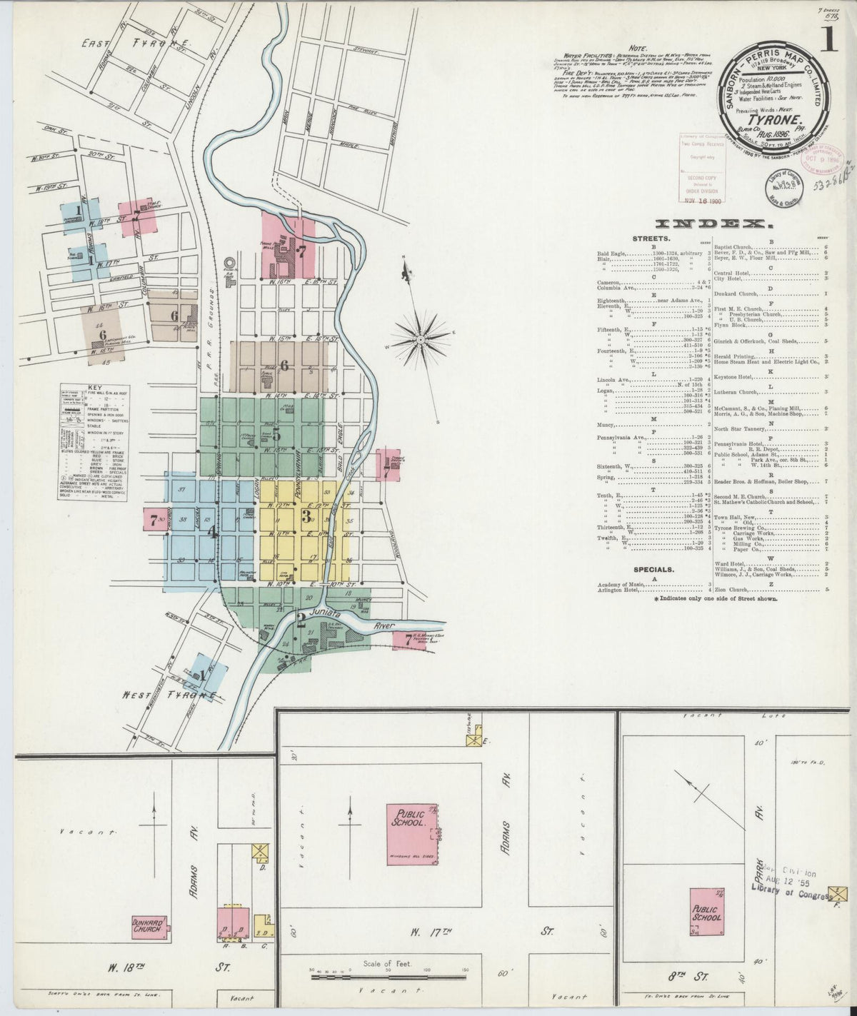 Sanborn Fire Insurance Map from Tyrone, Blair County, Pennsylvania (1896), Sheet #0001 - Historic Sanborn Fire Insurance Map Print, vintage old map wall art, antique decor, genealogy gift, Pennsylvania Pennsylvania map