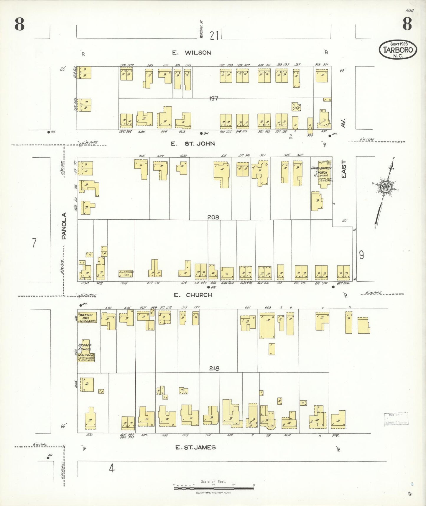 Sanborn Fire Insurance Map from Tarboro, Edgecombe County, North Carolina (1923), Sheet #0008 - Historic Sanborn Fire Insurance Map Print, vintage old map wall art, antique decor, genealogy gift, North Carolina North Carolina map