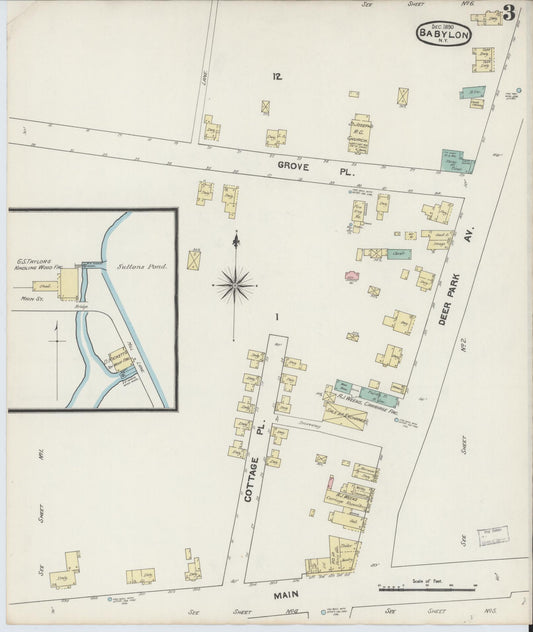 Sanborn Fire Insurance Map from Babylon, Suffolk County, New York (1890), Sheet #0003 - Historic Sanborn Fire Insurance Map Print, vintage old map wall art, antique decor, genealogy gift, New York New York map