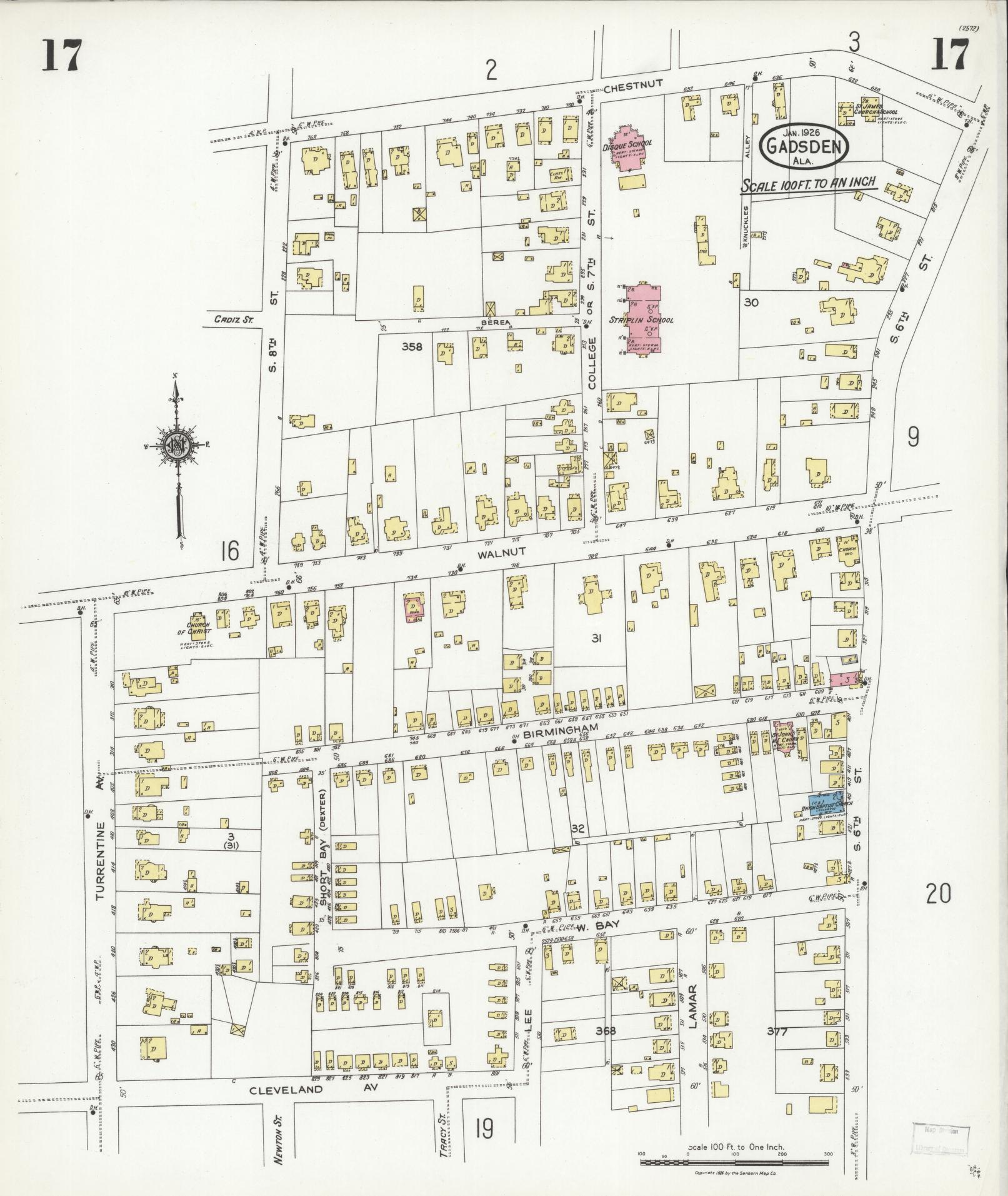 Sanborn Fire Insurance Map from Gadsden, Etowah County, Alabama (1926), Sheet #0017 - Historic Sanborn Fire Insurance Map Print, vintage old map wall art, antique decor, genealogy gift, Alabama Alabama map