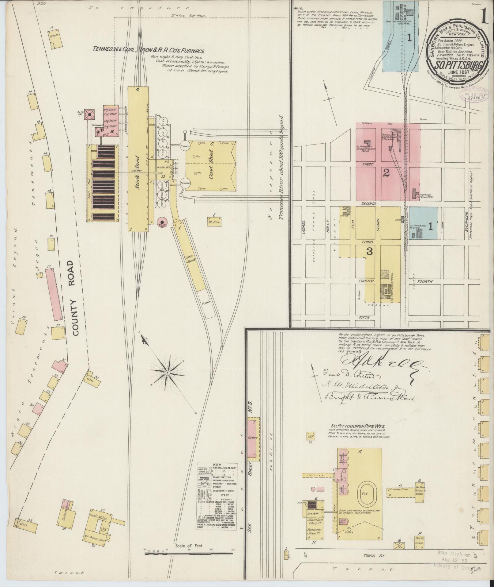 Sanborn Fire Insurance Map from South Pittsburg, Marion County, Tennessee (1887), Sheet #0001 - Complete Map Set gallery image, historic Sanborn map, vintage wall art, Tennessee Tennessee