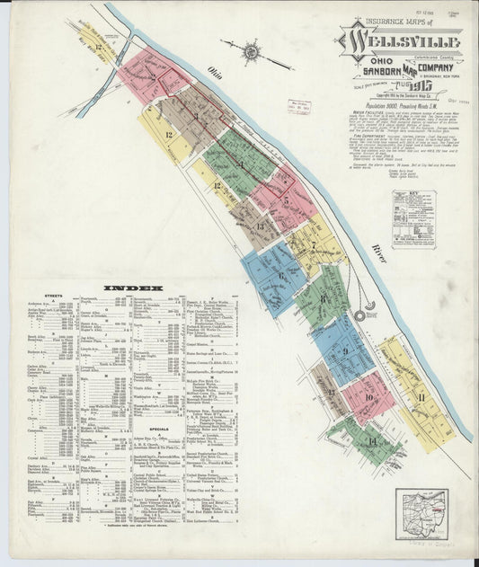 Sanborn Fire Insurance Map from Wellsville, Columbiana County, Ohio (1915), Sheet #0001 - Historic Sanborn Fire Insurance Map Print, vintage old map wall art, antique decor, genealogy gift, Ohio Ohio map