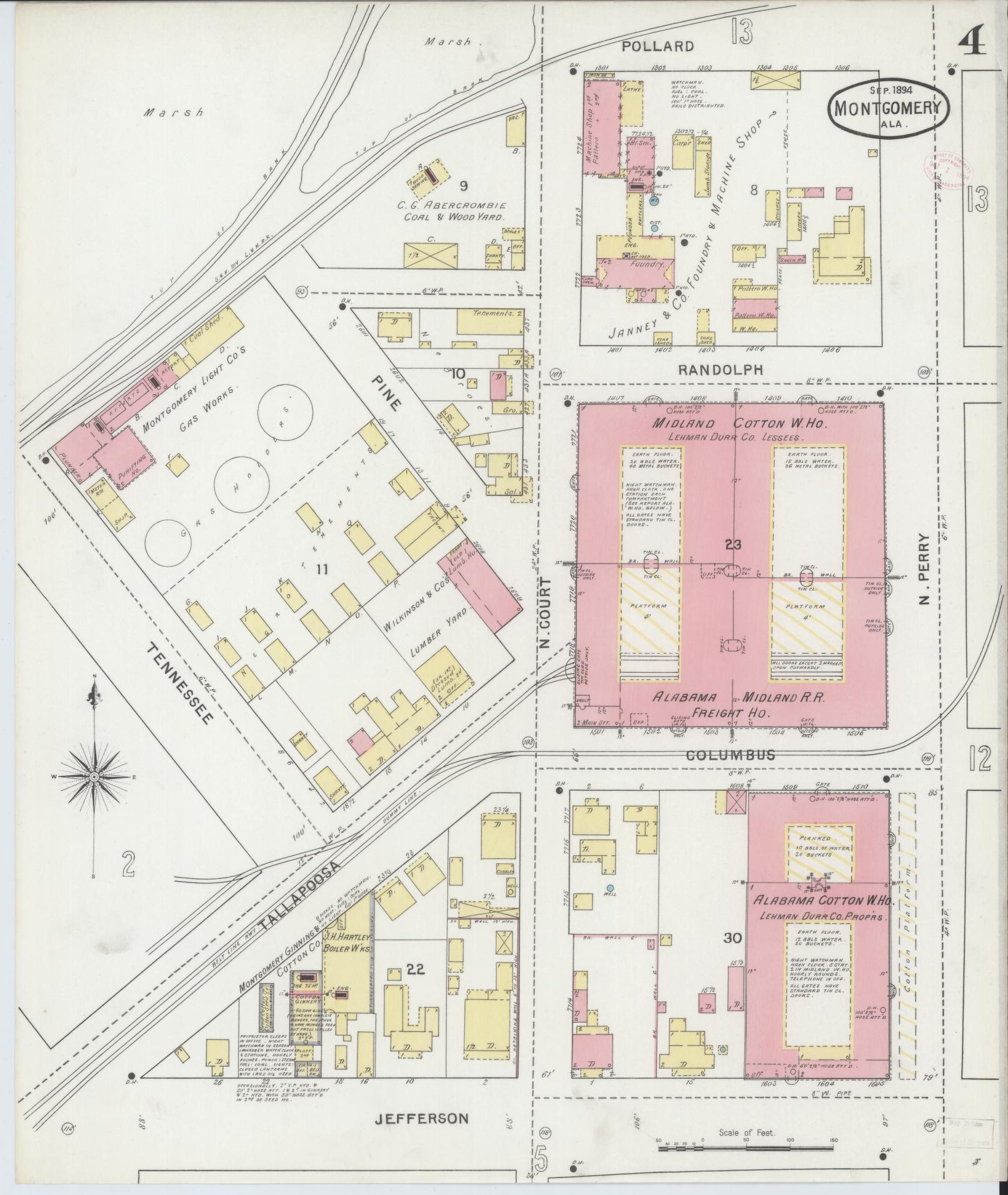 Sanborn Fire Insurance Map from Montgomery, Montgomery County, Alabama (1894), Sheet #0004 - Complete Map Set gallery image, historic Sanborn map, vintage wall art, Alabama Alabama