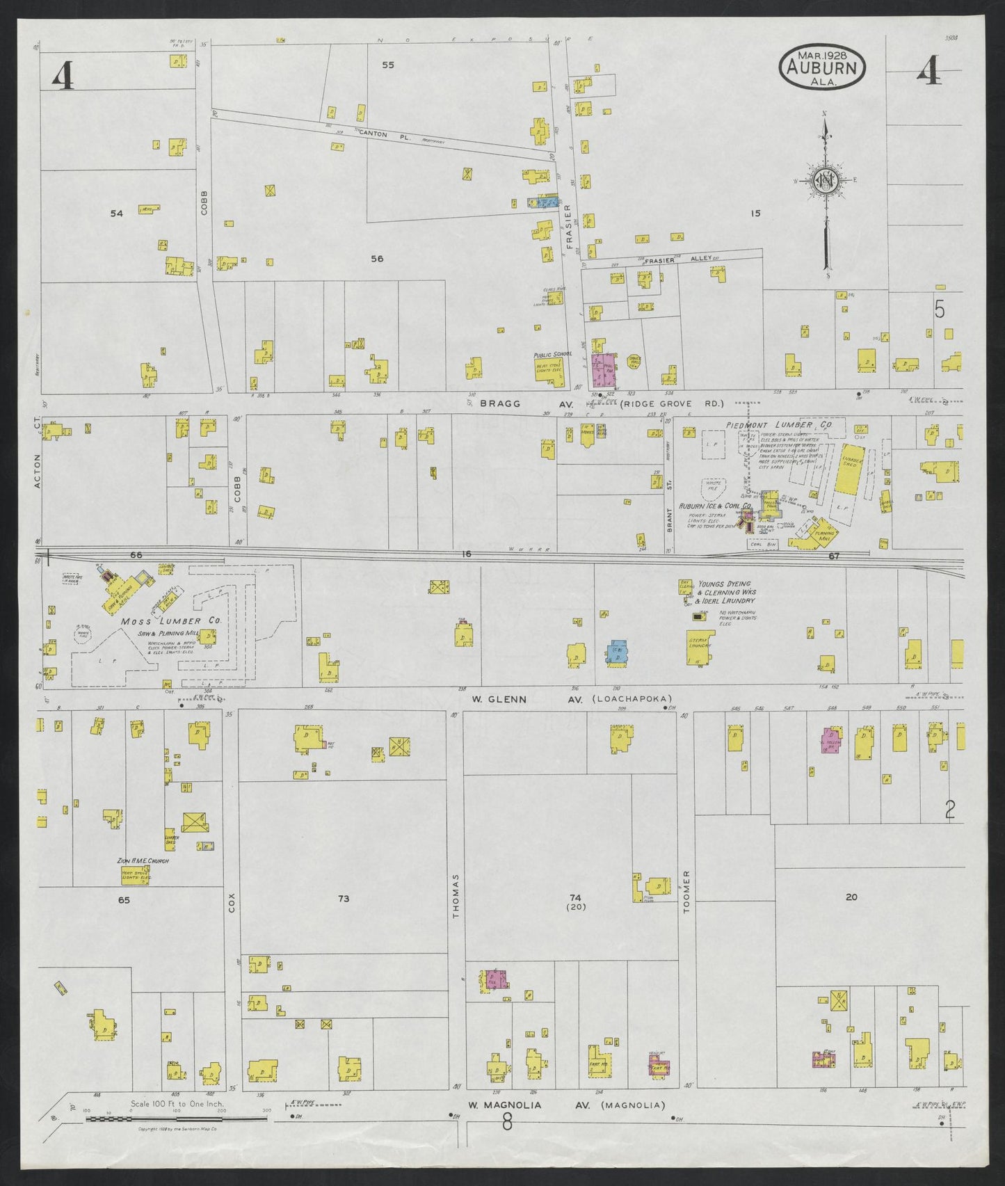 Sanborn Fire Insurance Map from Auburn, Lee County, Alabama (1928), Sheet #0004 - Complete Map Set gallery image, historic Sanborn map, vintage wall art, Alabama Alabama