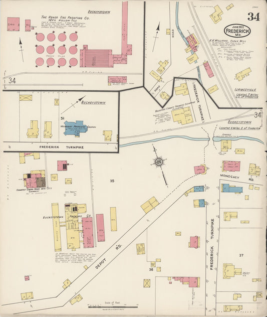 Sanborn Fire Insurance Map from Frederick, Frederick County, Maryland (1922), Sheet #0034 - Historic Sanborn Fire Insurance Map Print, vintage old map wall art