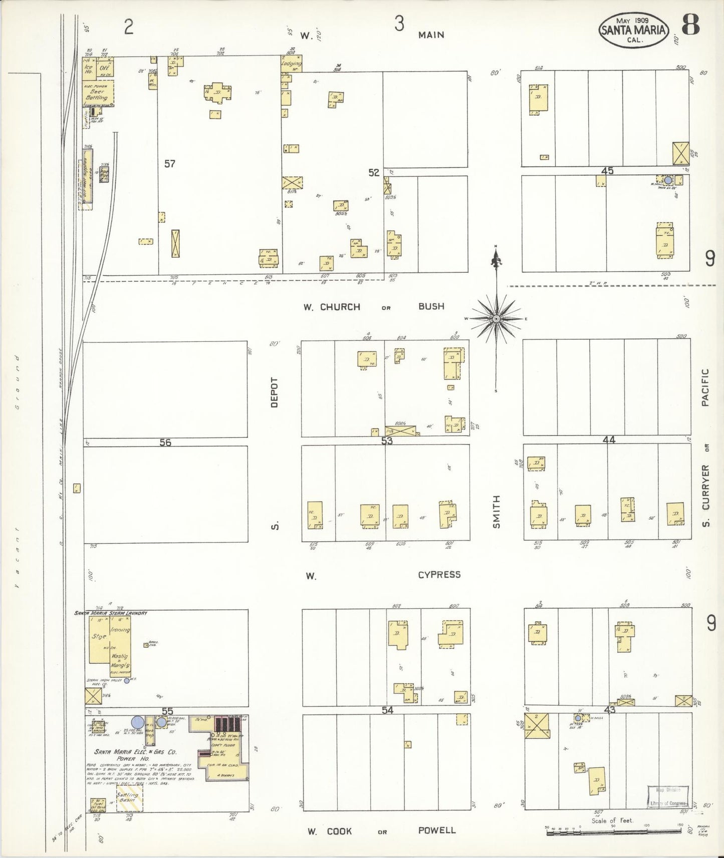 Sanborn Fire Insurance Map from Santa Maria, Santa Barbara County, California (1909), Sheet #0008 - Complete Map Set gallery image, historic Sanborn map, vintage wall art, California California