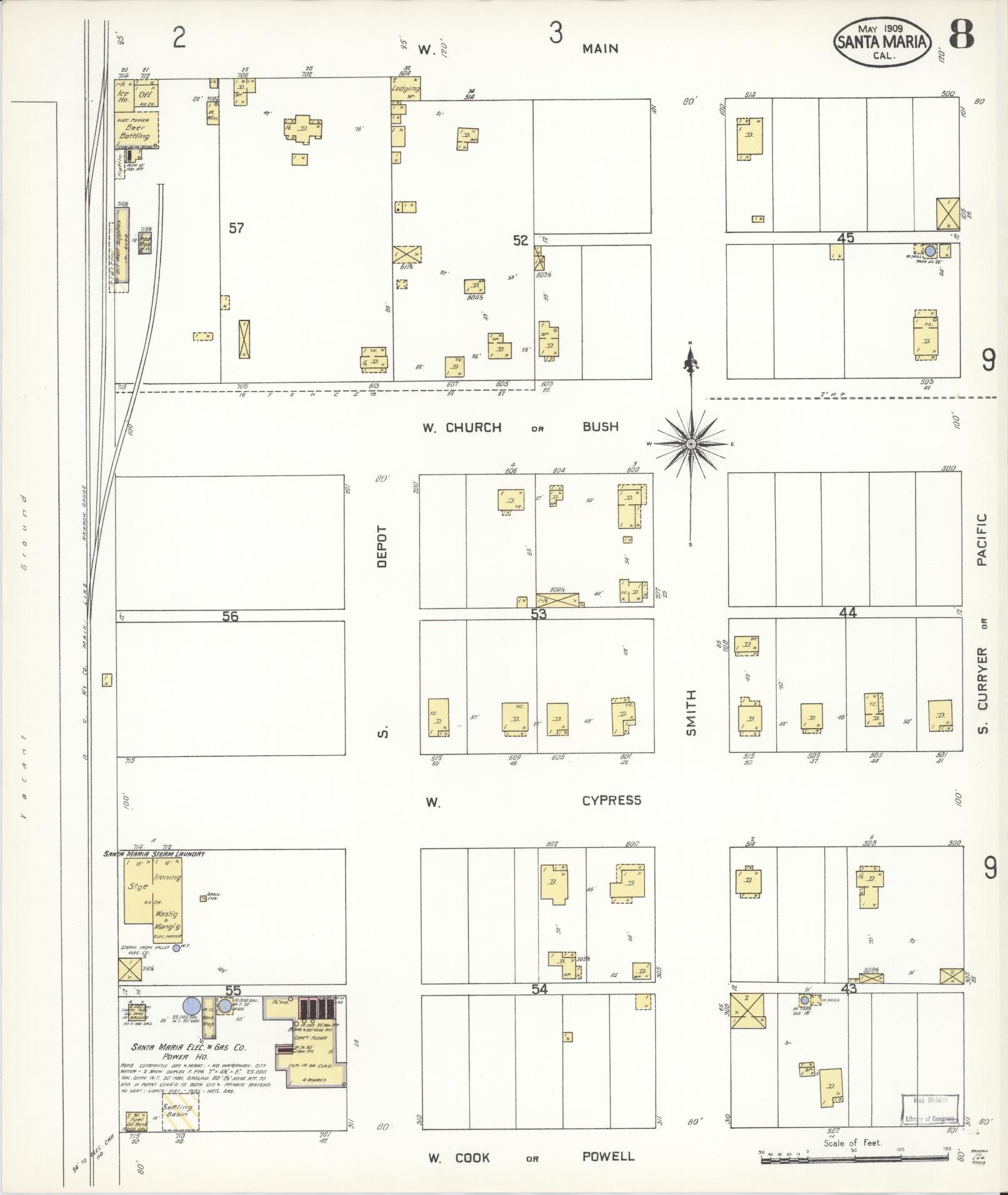Sanborn Fire Insurance Map from Santa Maria, Santa Barbara County, California (1909), Sheet #0008 - Complete Map Set gallery image, historic Sanborn map, vintage wall art, California California