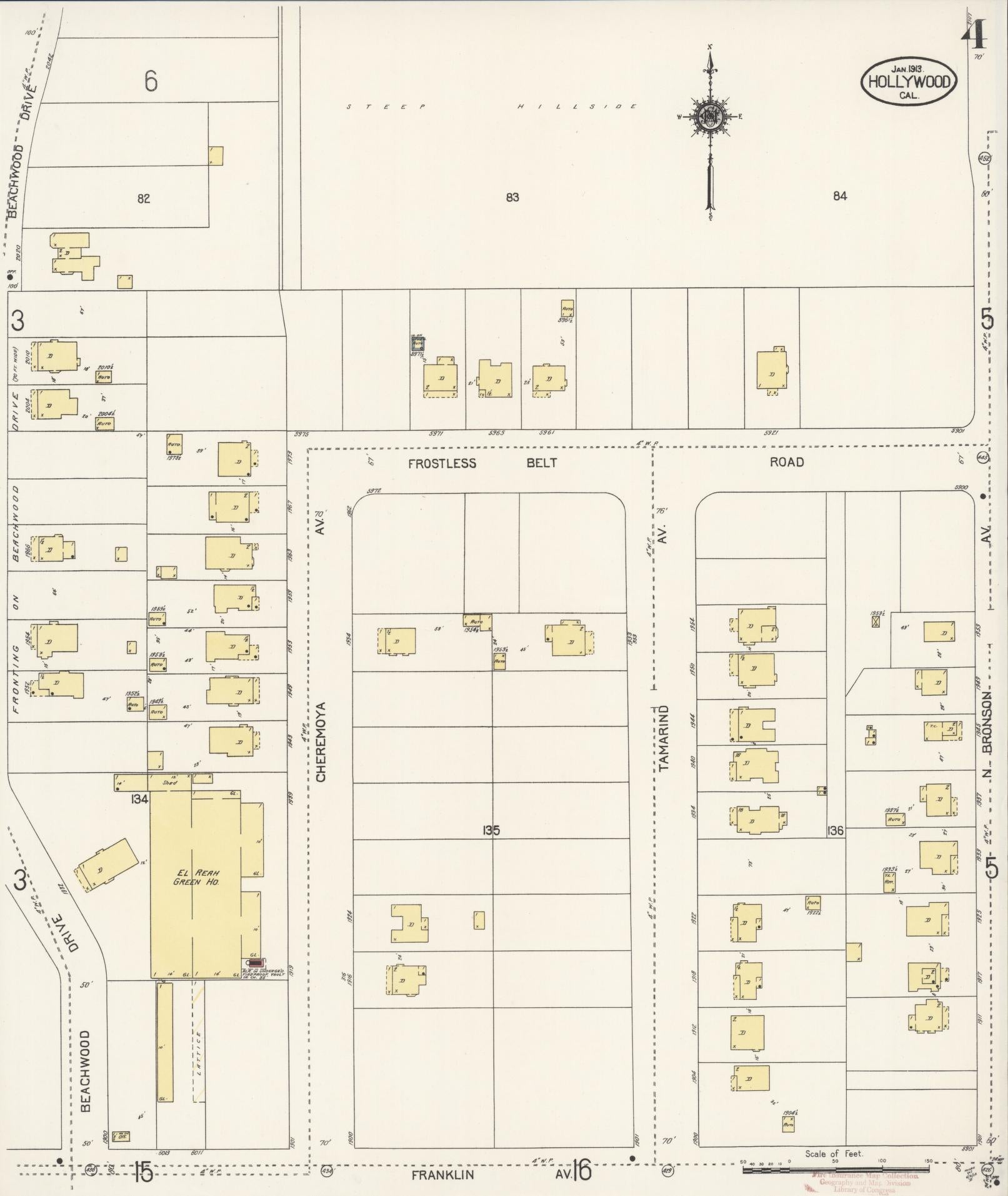 Sanborn Fire Insurance Map from Hollywood, Los Angeles County, California (1913), Sheet #0004 - Historic Sanborn Fire Insurance Map Print, vintage old map wall art, antique decor, genealogy gift, California California map