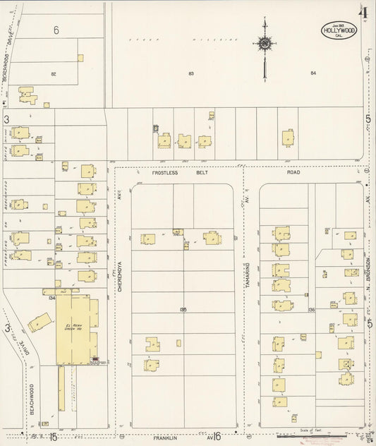 Sanborn Fire Insurance Map from Hollywood, Los Angeles County, California (1913), Sheet #0004 - Historic Sanborn Fire Insurance Map Print, vintage old map wall art, antique decor, genealogy gift, California California map