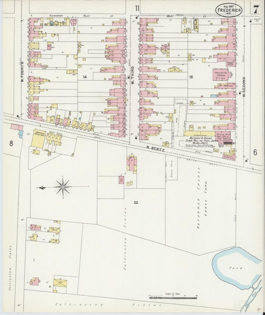 Frederick, Maryland - 1897 - Sanborn Fire Insurance Map, Sheet #0007 - Historic Sanborn Fire Insurance Map Print, Frederick Maryland 1897 0007 vintage old map wall art